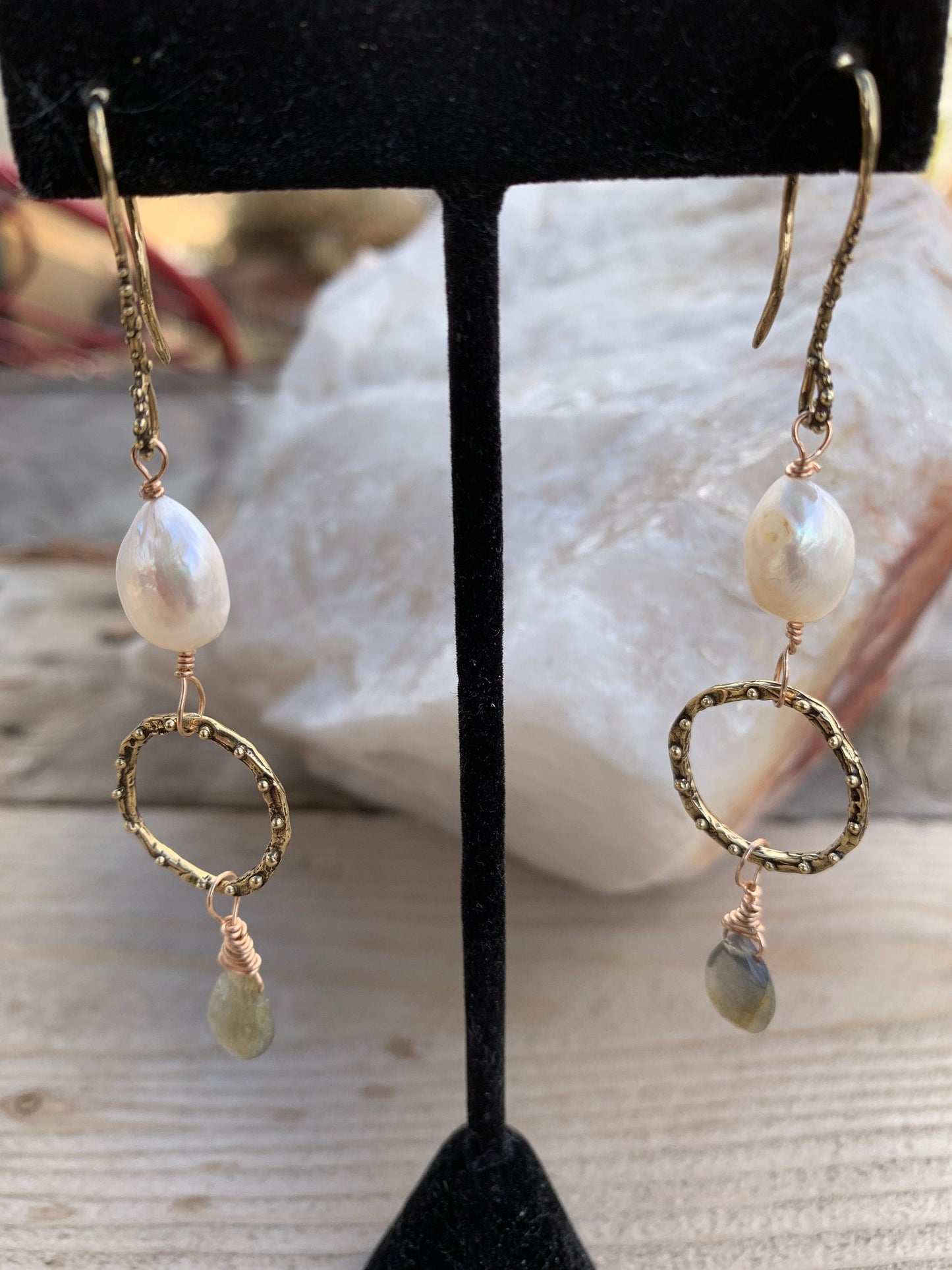 Earrings “Ethereal Drops” Hand Cast Bronze Links and Hooks, Freshwater Pearls, Labradorite, Statement Earrings, Zoom Jewelry, Reiki charged