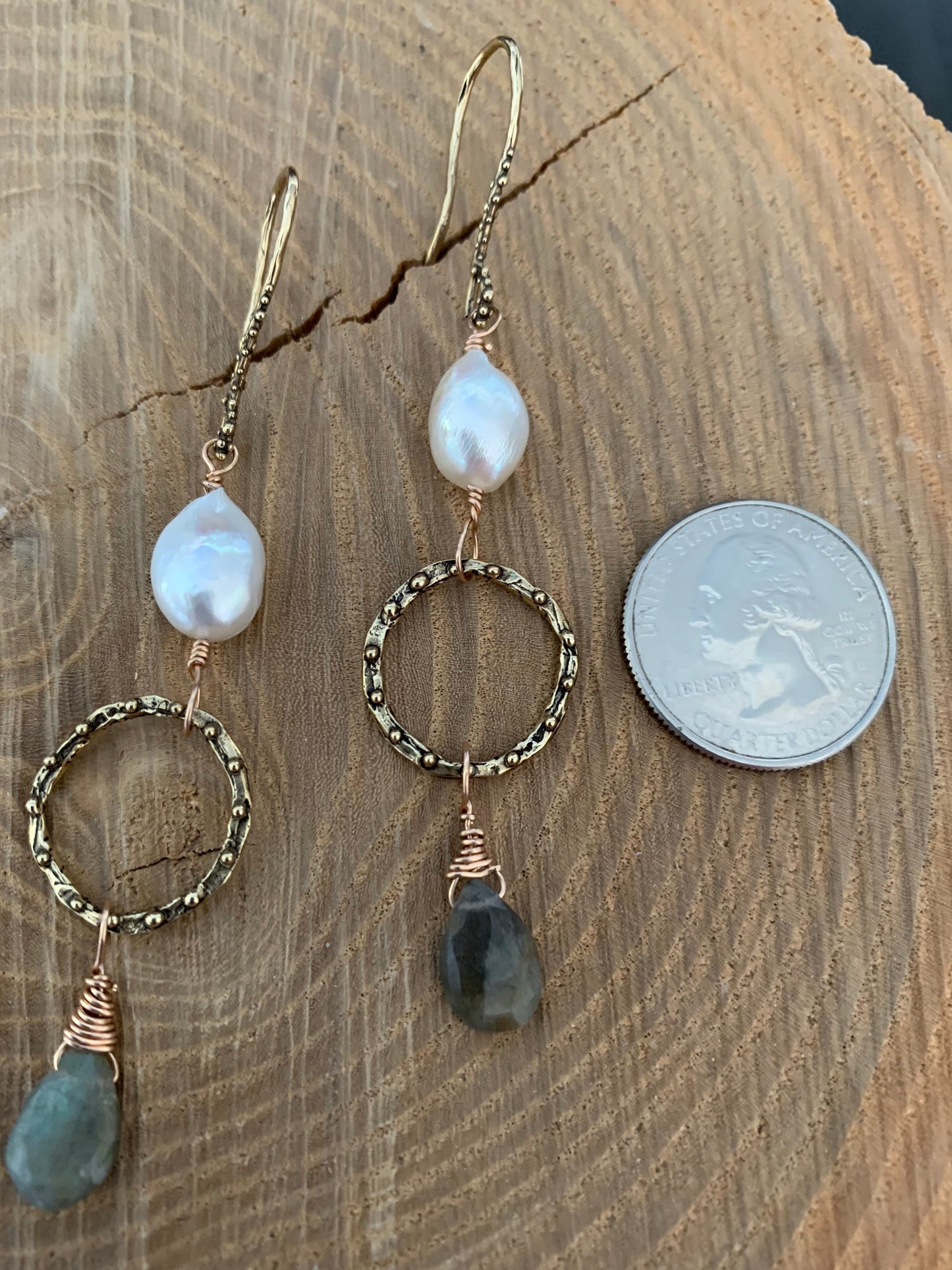 Earrings “Ethereal Drops” Hand Cast Bronze Links and Hooks, Freshwater Pearls, Labradorite, Statement Earrings, Zoom Jewelry, Reiki charged