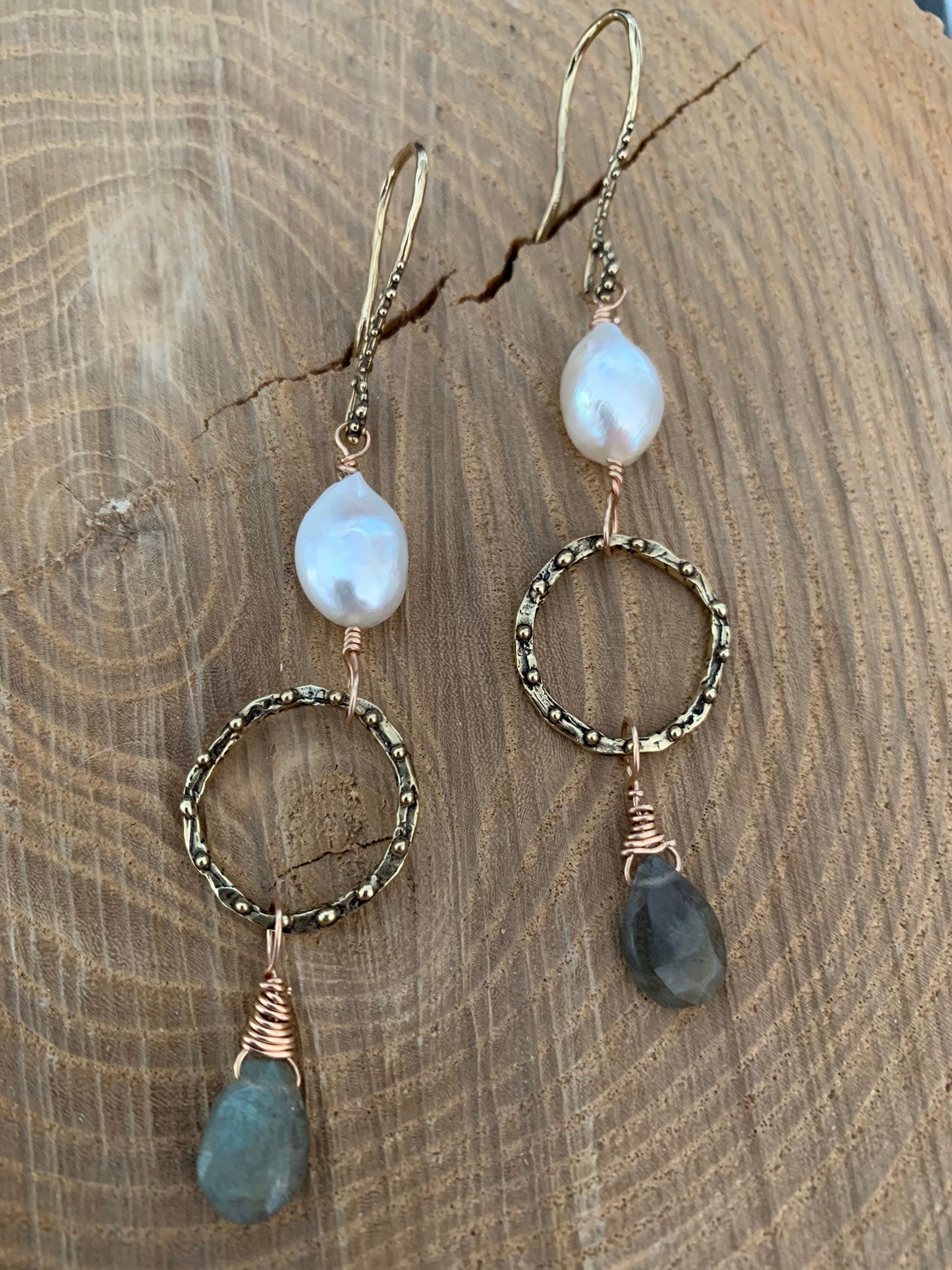 Earrings “Ethereal Drops” Hand Cast Bronze Links and Hooks, Freshwater Pearls, Labradorite, Statement Earrings, Zoom Jewelry, Reiki charged