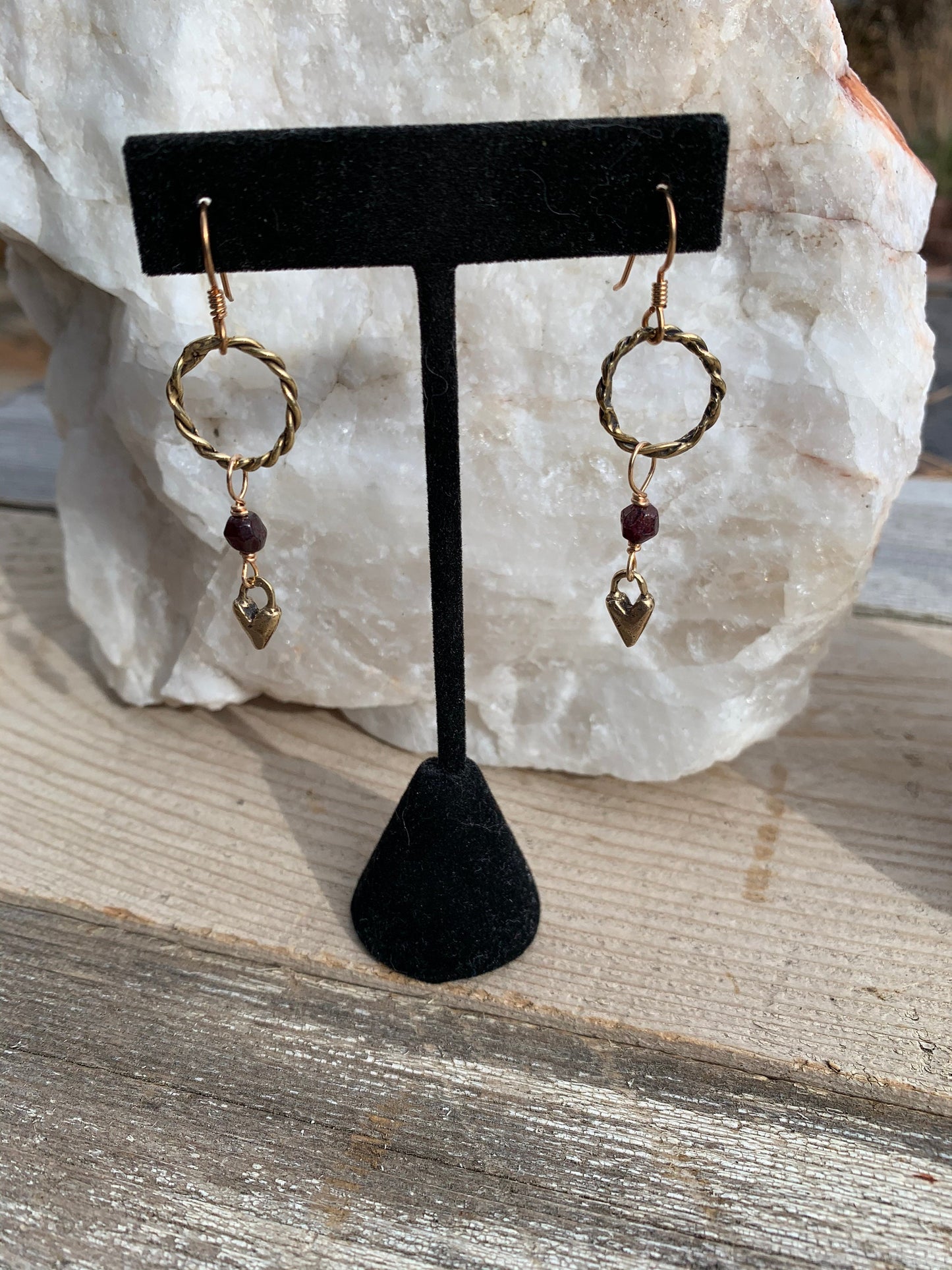 Earrings “Heart Drops” Hand cast Heart charms, Garnets, Bronze Twist links, Valentines Day gift, Zoom Earrings, Reiki charged, Gift idea