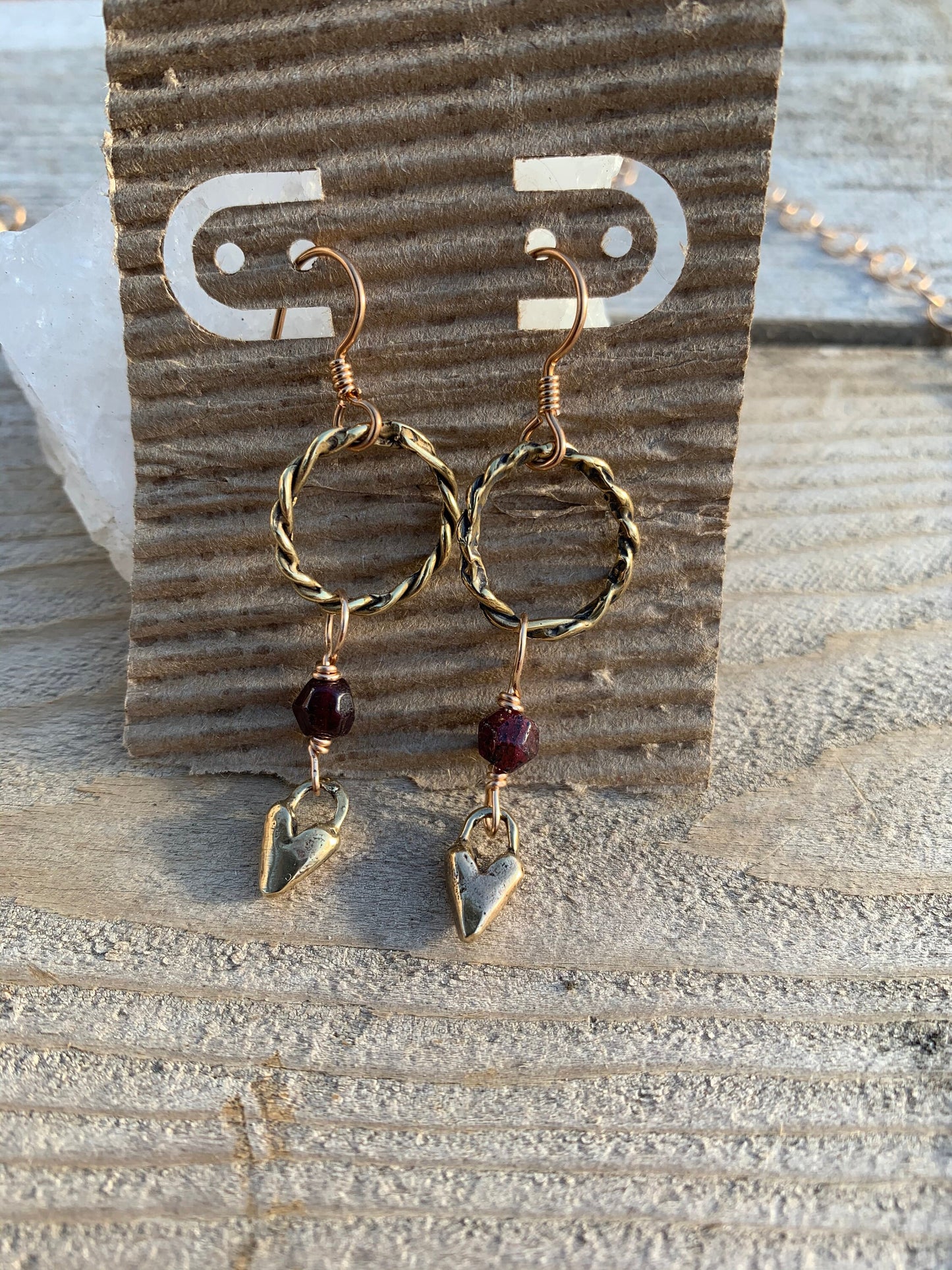 Earrings “Heart Drops” Hand cast Heart charms, Garnets, Bronze Twist links, Valentines Day gift, Zoom Earrings, Reiki charged, Gift idea