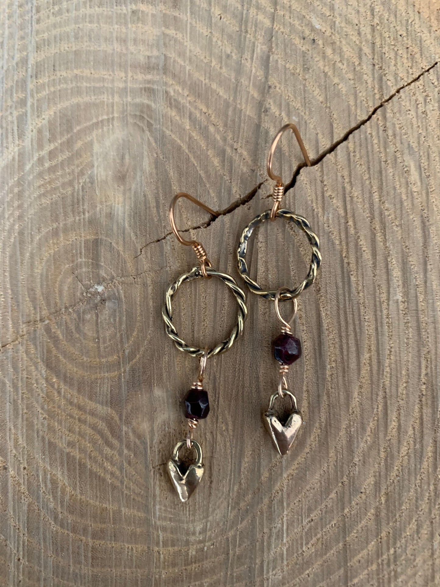 Earrings “Heart Drops” Hand cast Heart charms, Garnets, Bronze Twist links, Valentines Day gift, Zoom Earrings, Reiki charged, Gift idea