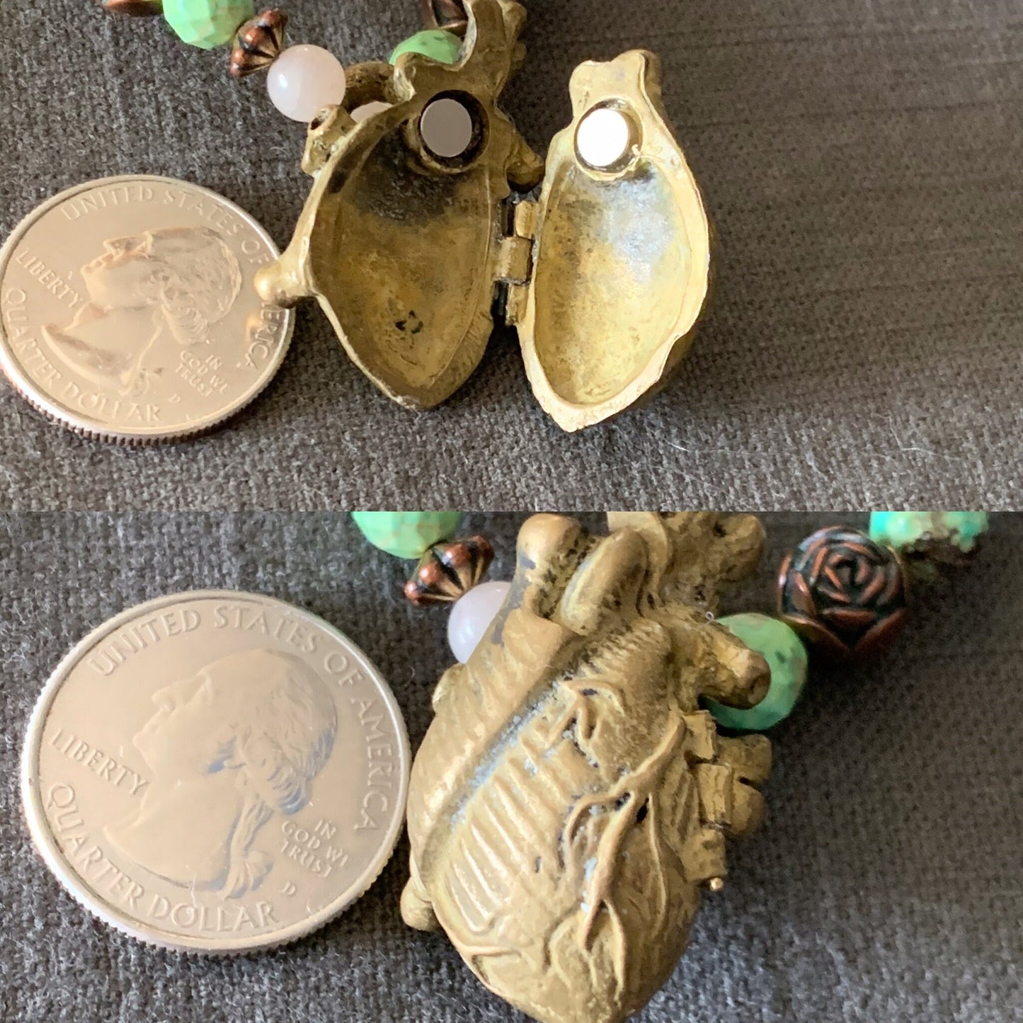Heart locket set "Heart and Roses" Anatomical Brass Heart locket, Rose Quartz, Vintage Rose beads, Valentines Day gift, Drop Earrings