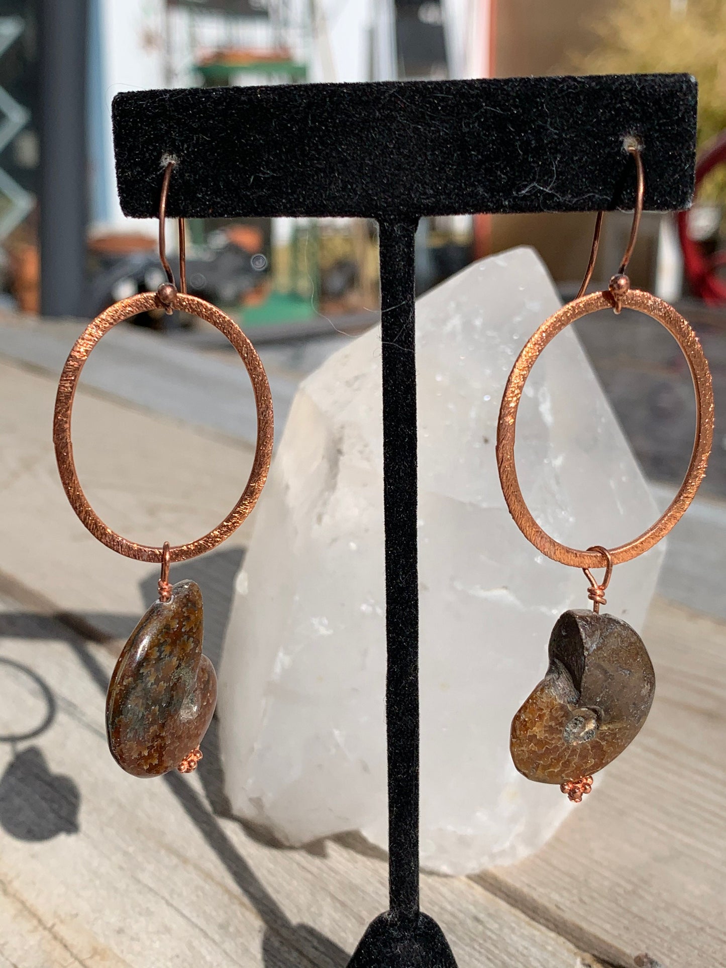 earrings "Ammonite Hoops" Brushed Copper Hoops, Ammonite fossils, Statement earrings, Gift Idea, Reiki charged, Bohemian Earrings