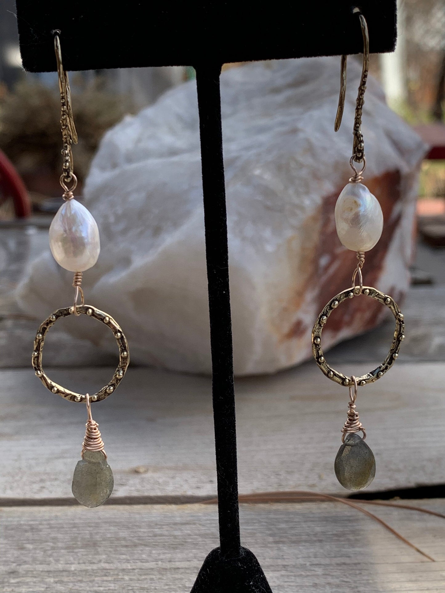 Earrings “Ethereal Drops” Hand Cast Bronze Links and Hooks, Freshwater Pearls, Labradorite, Statement Earrings, Zoom Jewelry, Reiki charged