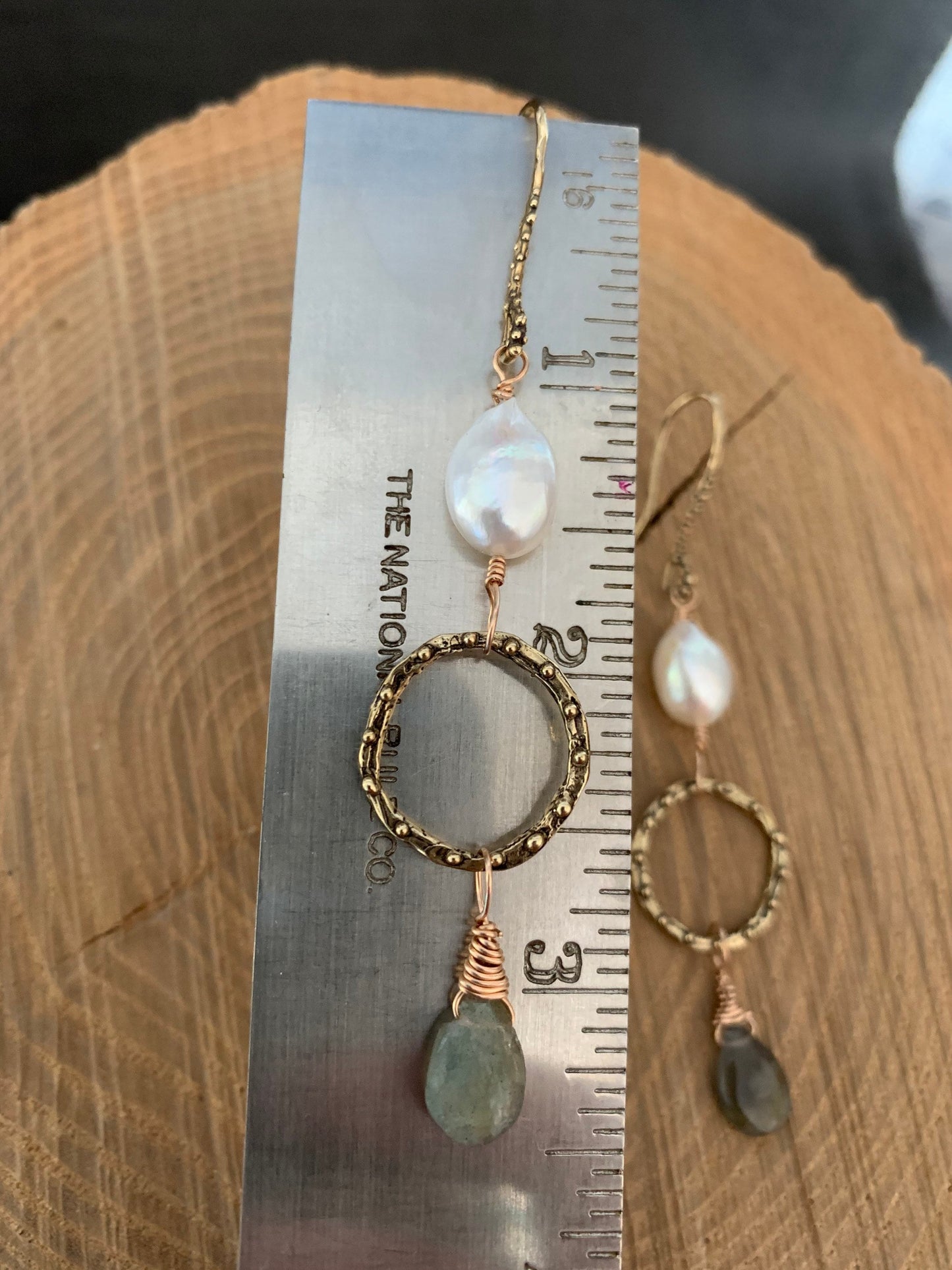 Earrings “Ethereal Drops” Hand Cast Bronze Links and Hooks, Freshwater Pearls, Labradorite, Statement Earrings, Zoom Jewelry, Reiki charged