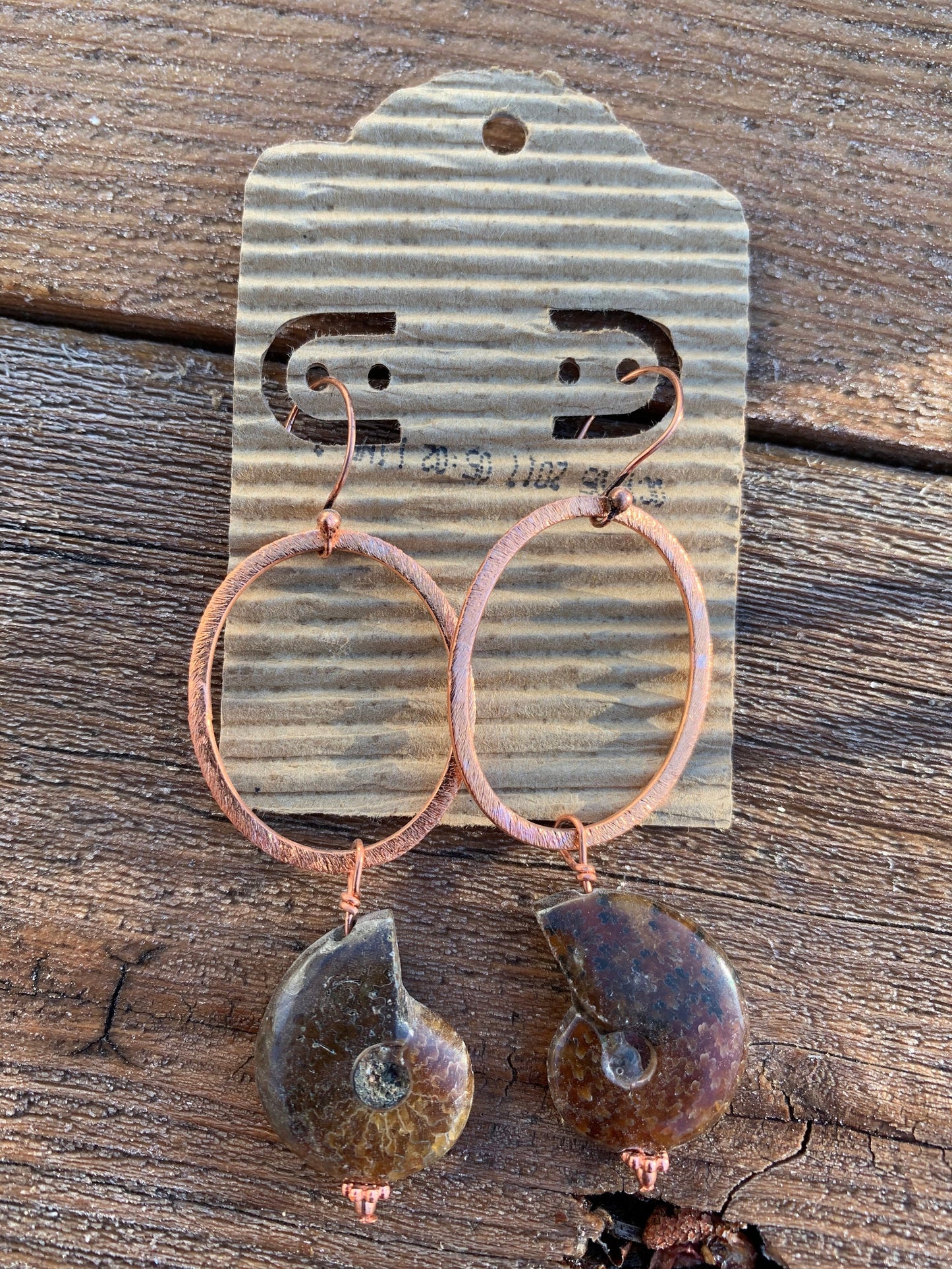earrings "Ammonite Hoops" Brushed Copper Hoops, Ammonite fossils, Statement earrings, Gift Idea, Reiki charged, Bohemian Earrings
