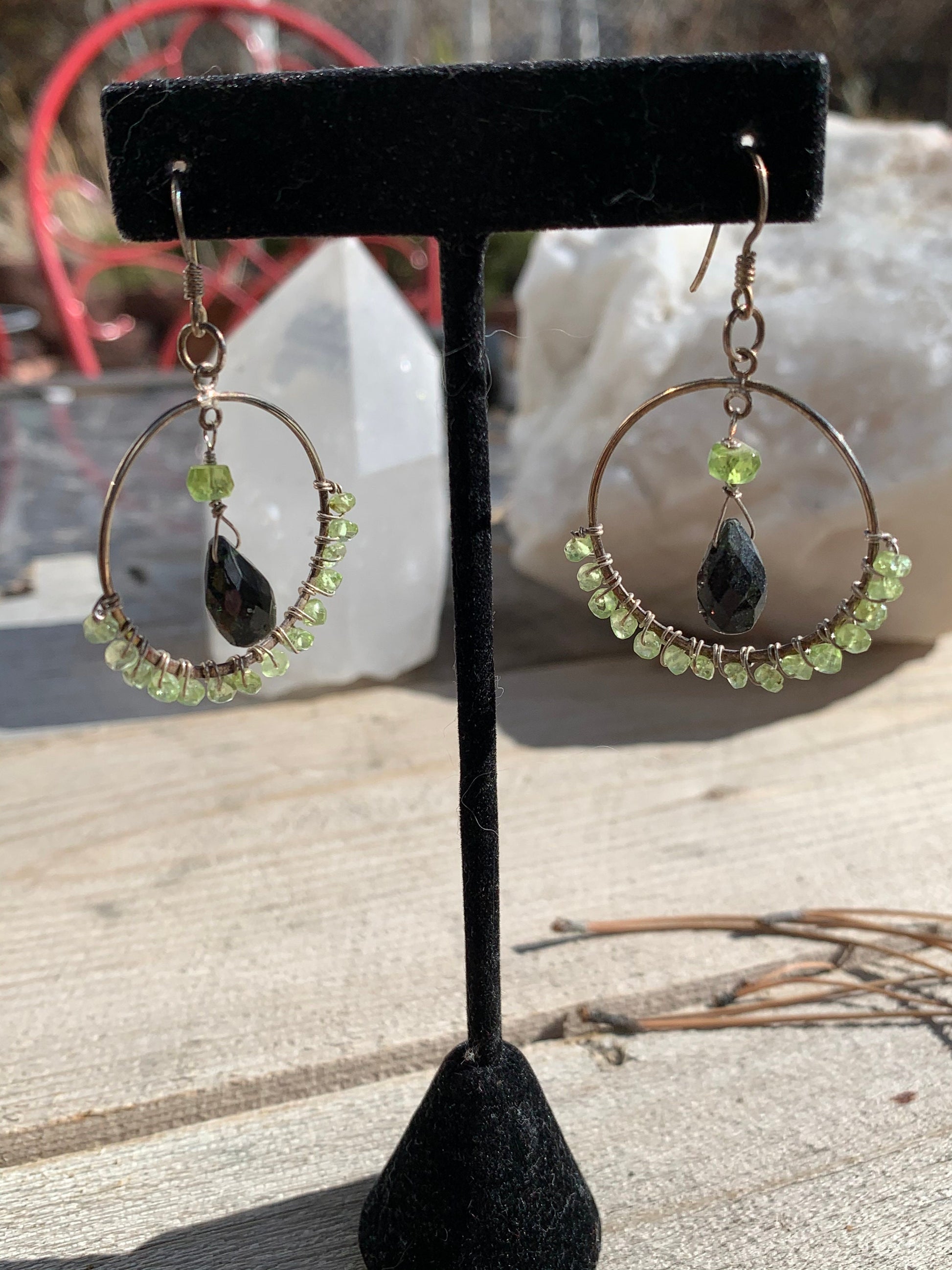 earrings "Forest Hoops" Sterling Hoops, Green Tourmaline, Peridot, Wire wrapped, Statement Earrings, Reiki charged, Hoop Earrings, Gift idea