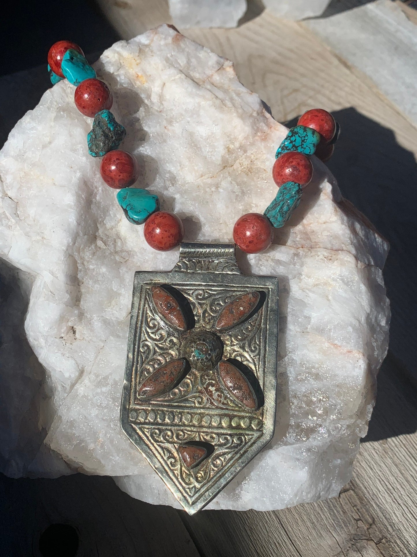 necklace "Four Directions" Antique Coral & Turquoise pendant, Statement Necklace, Vintage Coral, Turquoise, Reiki charged, Gift idea