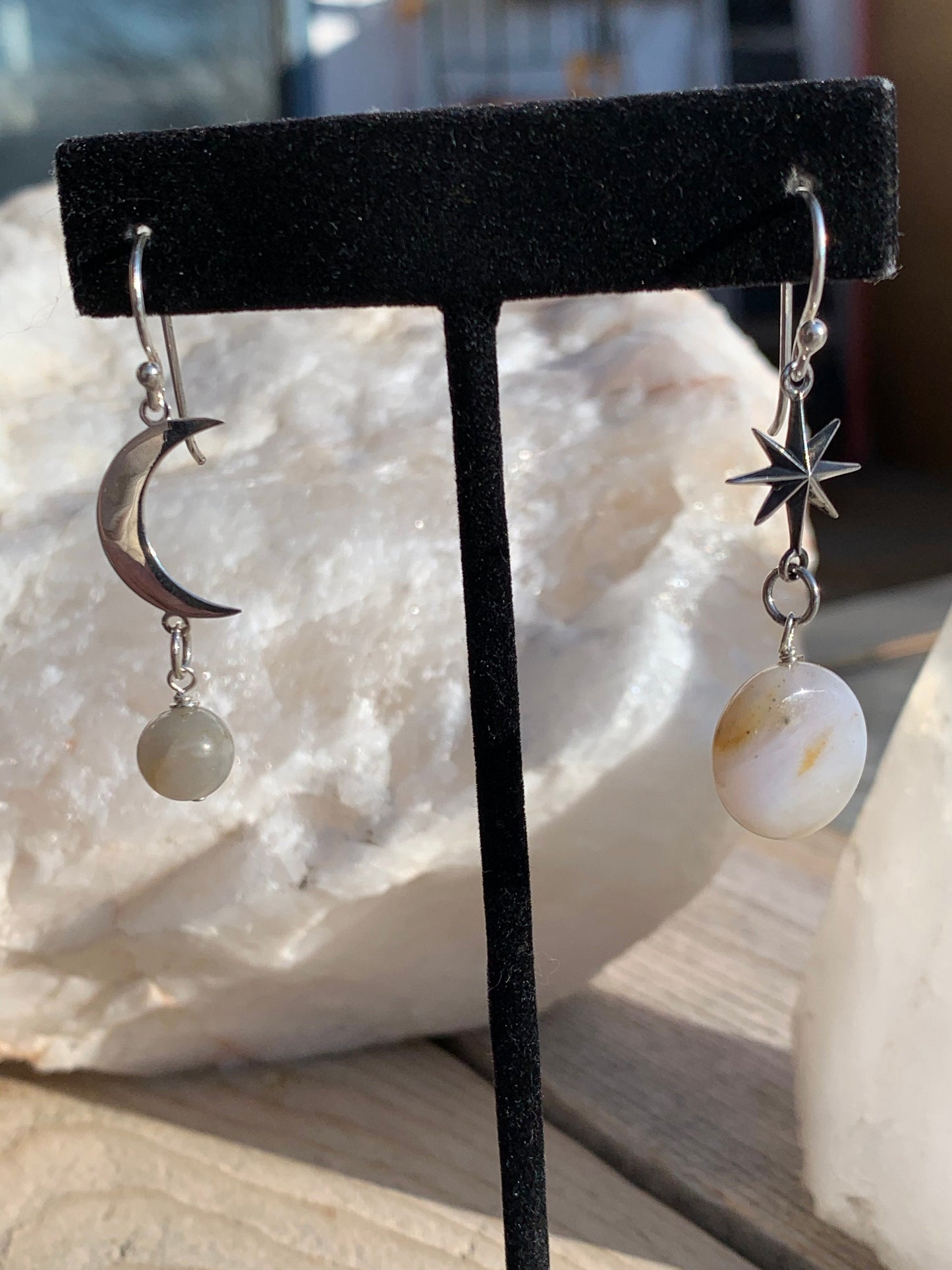 Earrings “Venus & The Moon” Sterling Moon and Star, Moonstone, Opal, Gift idea, Zoom jewelry, Celestial earrings, Planet jewelry, Reiki vibe