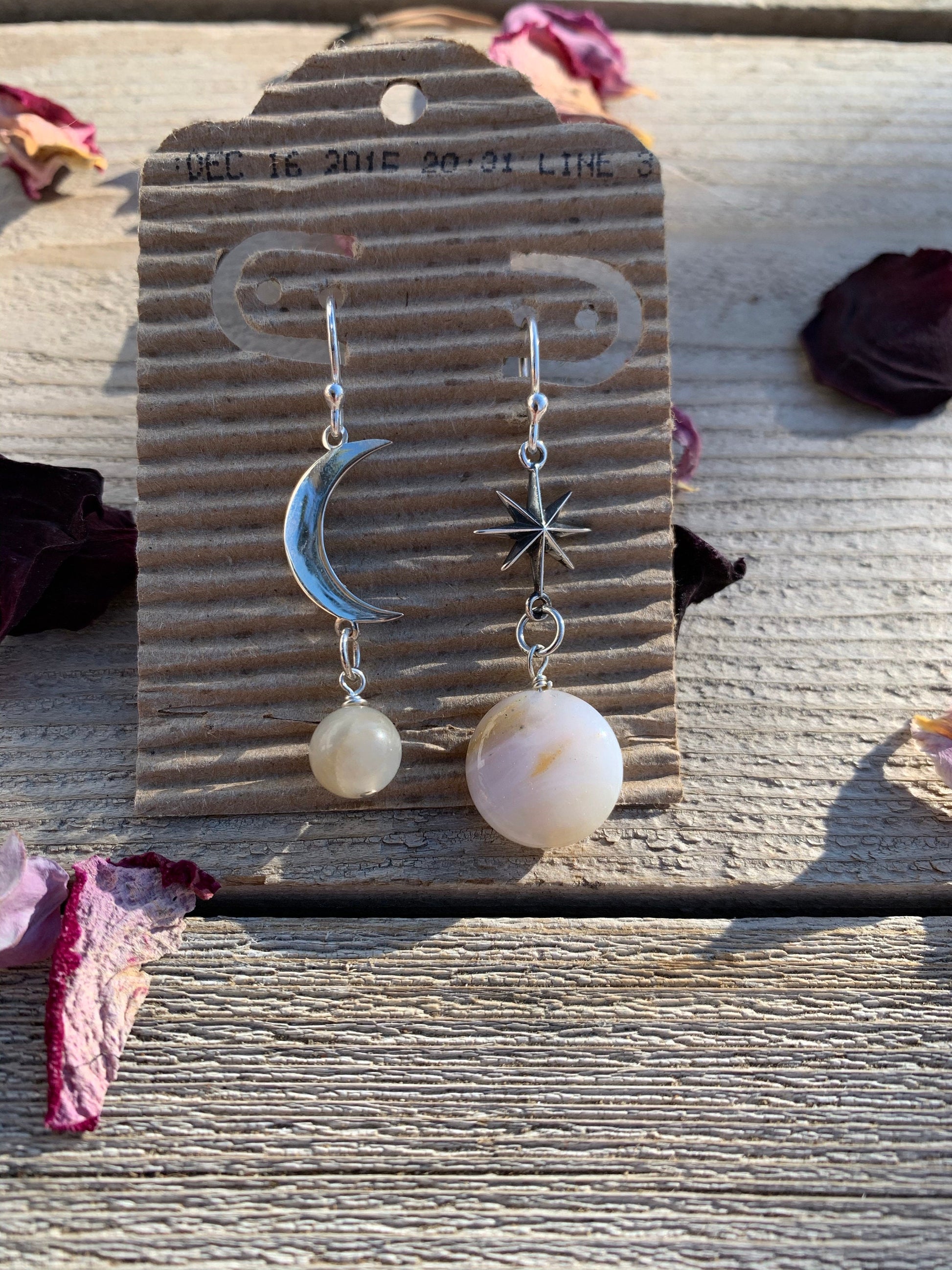 Earrings “Venus & The Moon” Sterling Moon and Star, Moonstone, Opal, Gift idea, Zoom jewelry, Celestial earrings, Planet jewelry, Reiki vibe