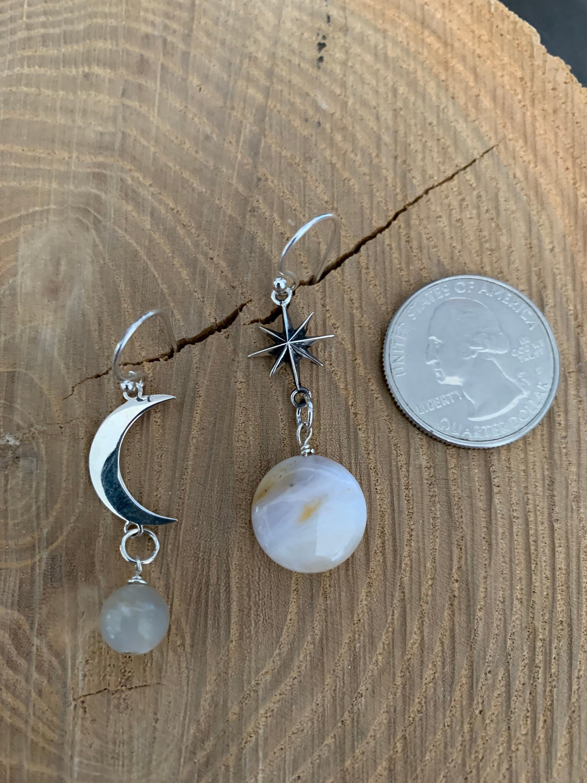 Earrings “Venus & The Moon” Sterling Moon and Star, Moonstone, Opal, Gift idea, Zoom jewelry, Celestial earrings, Planet jewelry, Reiki vibe