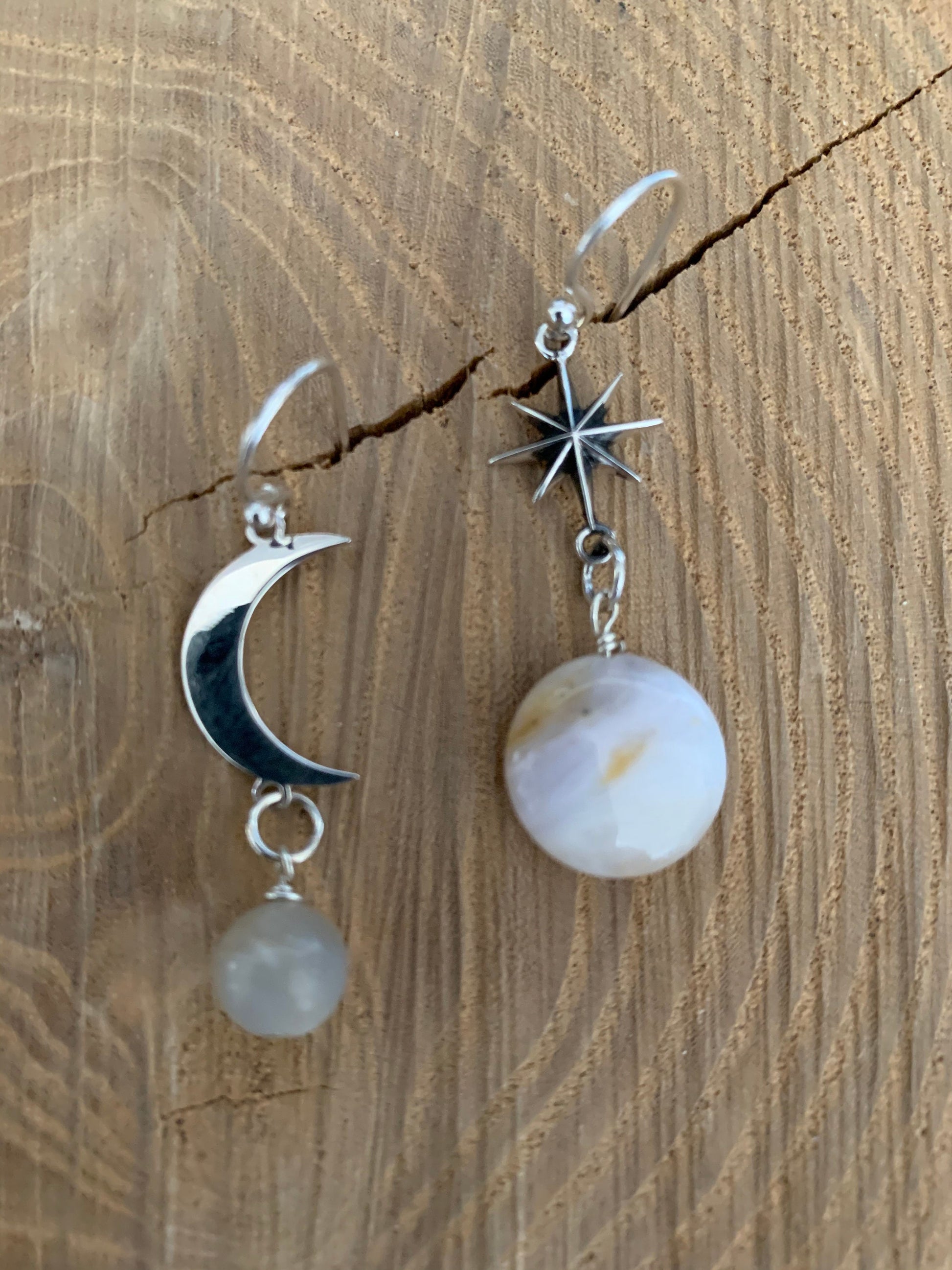Earrings “Venus & The Moon” Sterling Moon and Star, Moonstone, Opal, Gift idea, Zoom jewelry, Celestial earrings, Planet jewelry, Reiki vibe