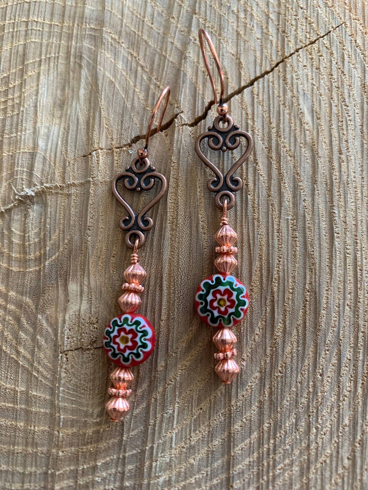 Earrings, Copper Heart Charms, Millefiori beads, Copper Beads, Gift Idea, Zoom Earrings, Copper jewelry, Flower earrings