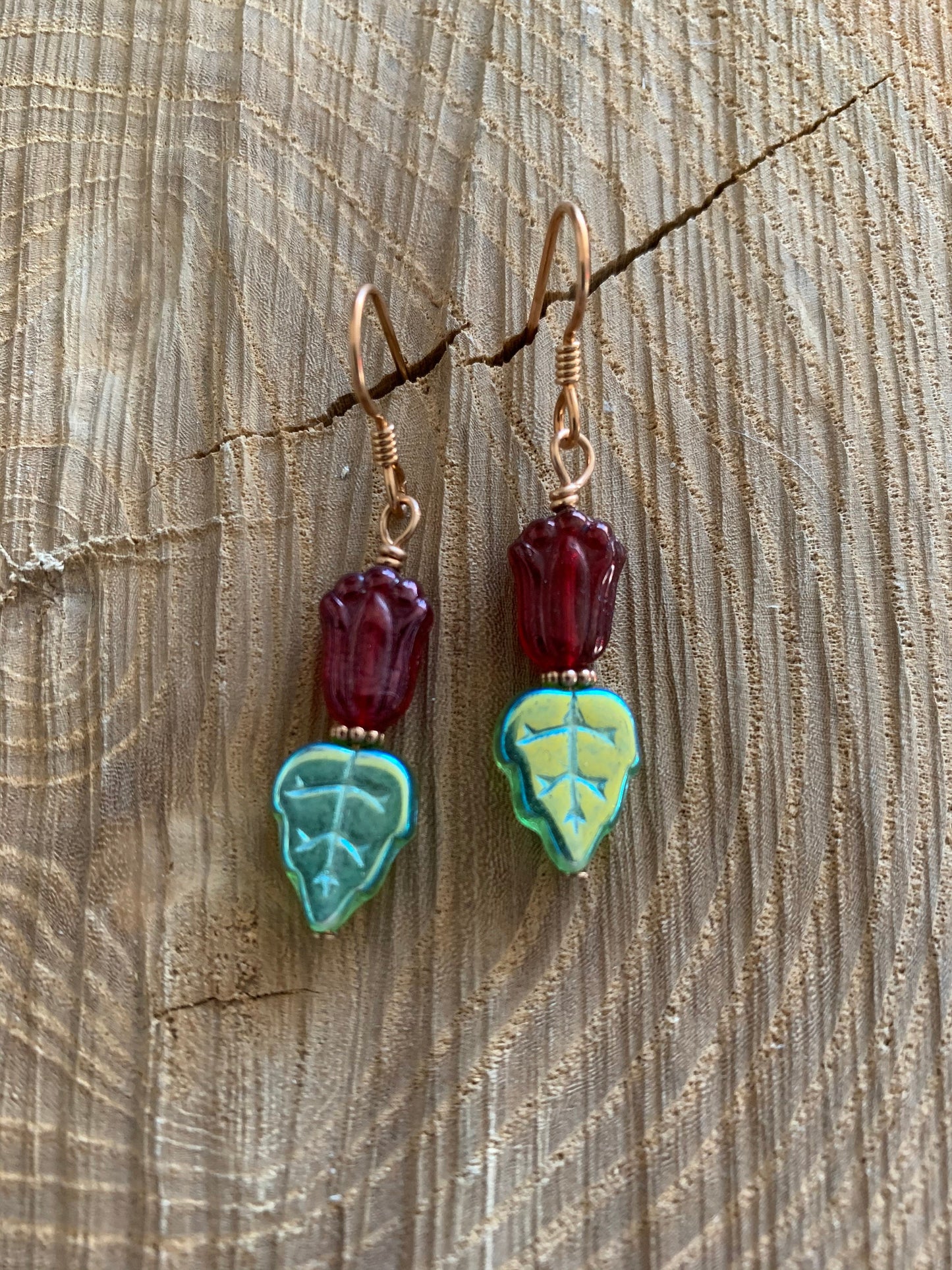 Earrings “Tulips” Pressed Glass Tulips, Pressed Glass leaves, Spring earrings, Gift Idea, Wedding jewelry, Bronze earrings