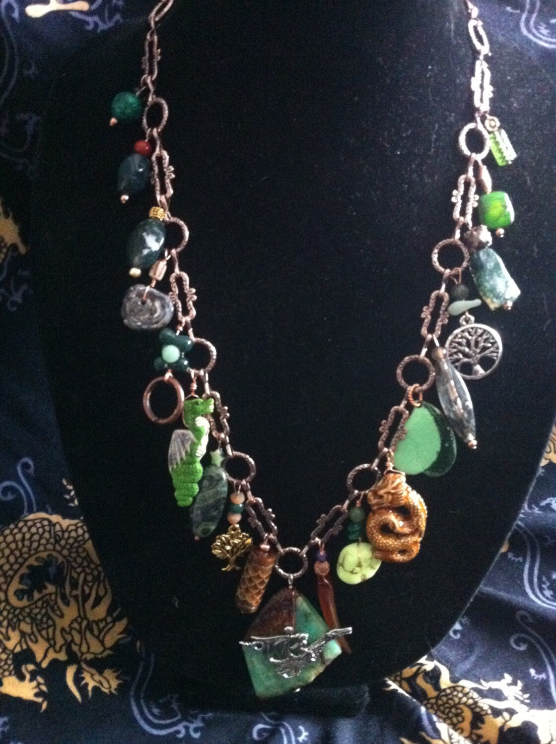 Necklace "Forest Dragon" Charm Necklace, Dragon necklace, Chrysoprase, Tree of Life, Moss agate, Up-cycled chain, Gift Idea, Gender Neutral