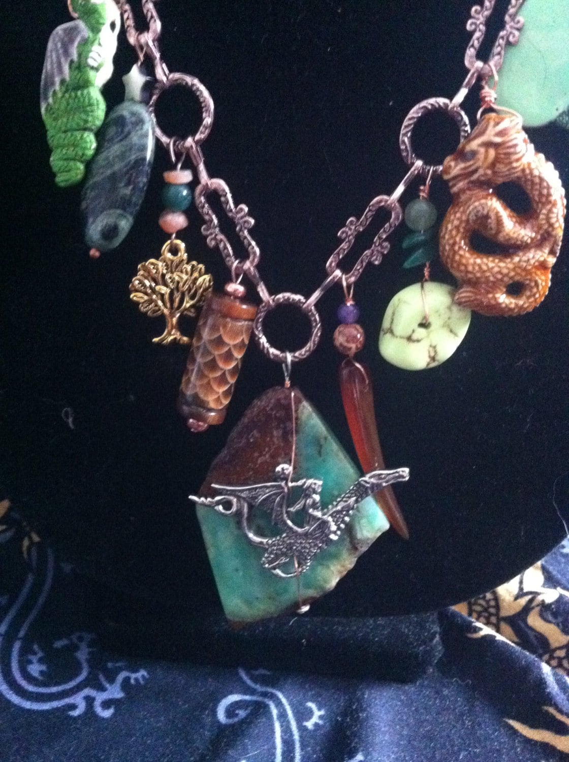 Necklace "Forest Dragon" Charm Necklace, Dragon necklace, Chrysoprase, Tree of Life, Moss agate, Up-cycled chain, Gift Idea, Gender Neutral