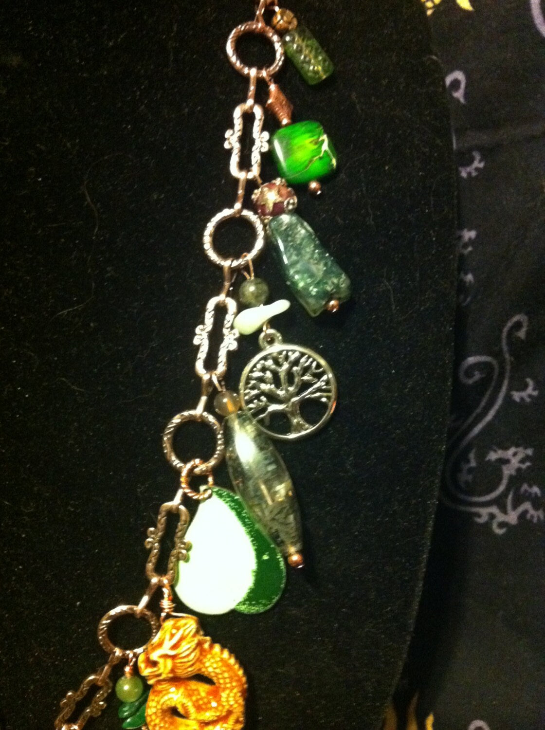 Necklace "Forest Dragon" Charm Necklace, Dragon necklace, Chrysoprase, Tree of Life, Moss agate, Up-cycled chain, Gift Idea, Gender Neutral