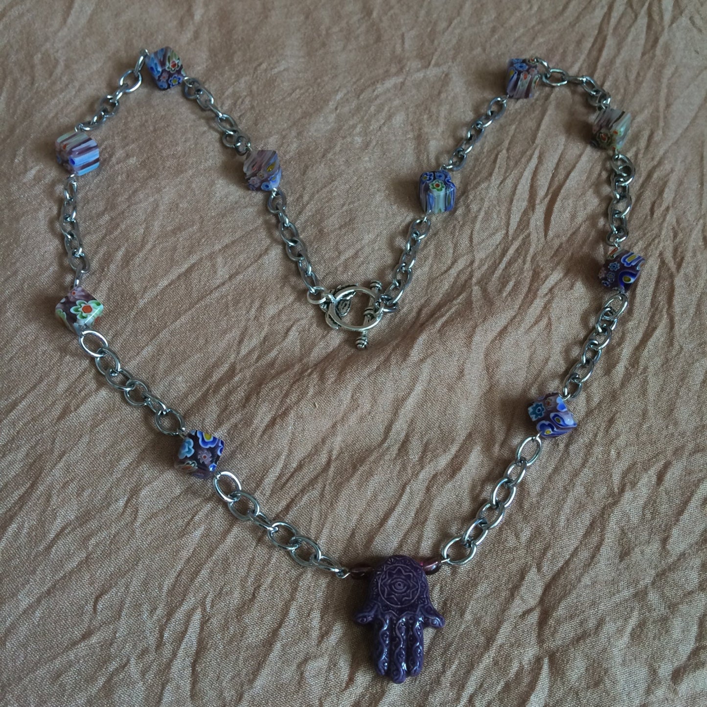 necklace "Royal Hand" Ceramic Hamsa, Hand of Fatima, Hand of God, millefiori beads, Bohemian necklace, upcycled chain, Reiki charged