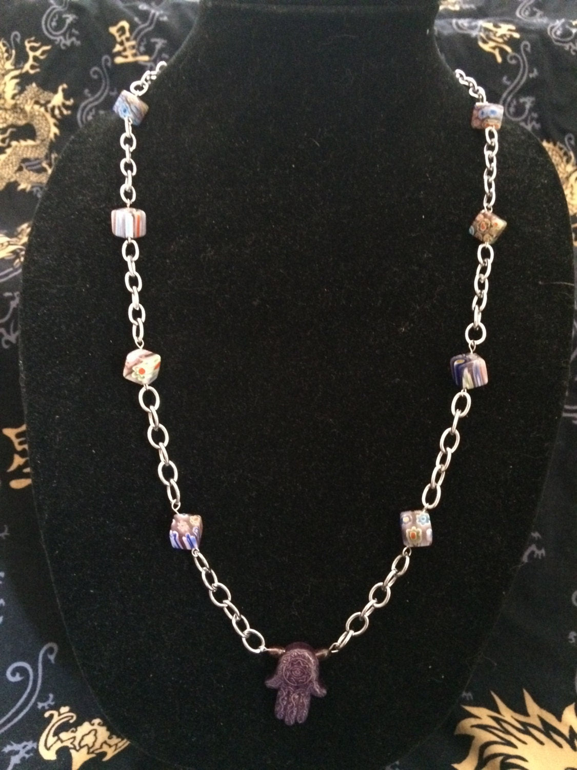 necklace "Royal Hand" Ceramic Hamsa, Hand of Fatima, Hand of God, millefiori beads, Bohemian necklace, upcycled chain, Reiki charged