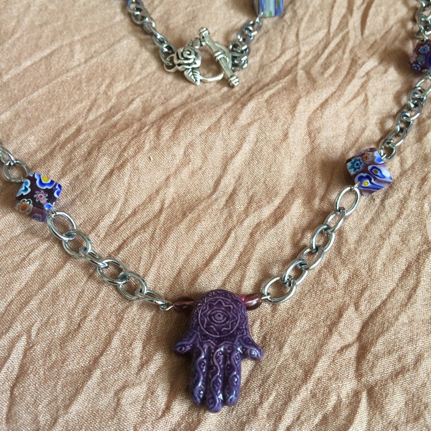 necklace "Royal Hand" Ceramic Hamsa, Hand of Fatima, Hand of God, millefiori beads, Bohemian necklace, upcycled chain, Reiki charged