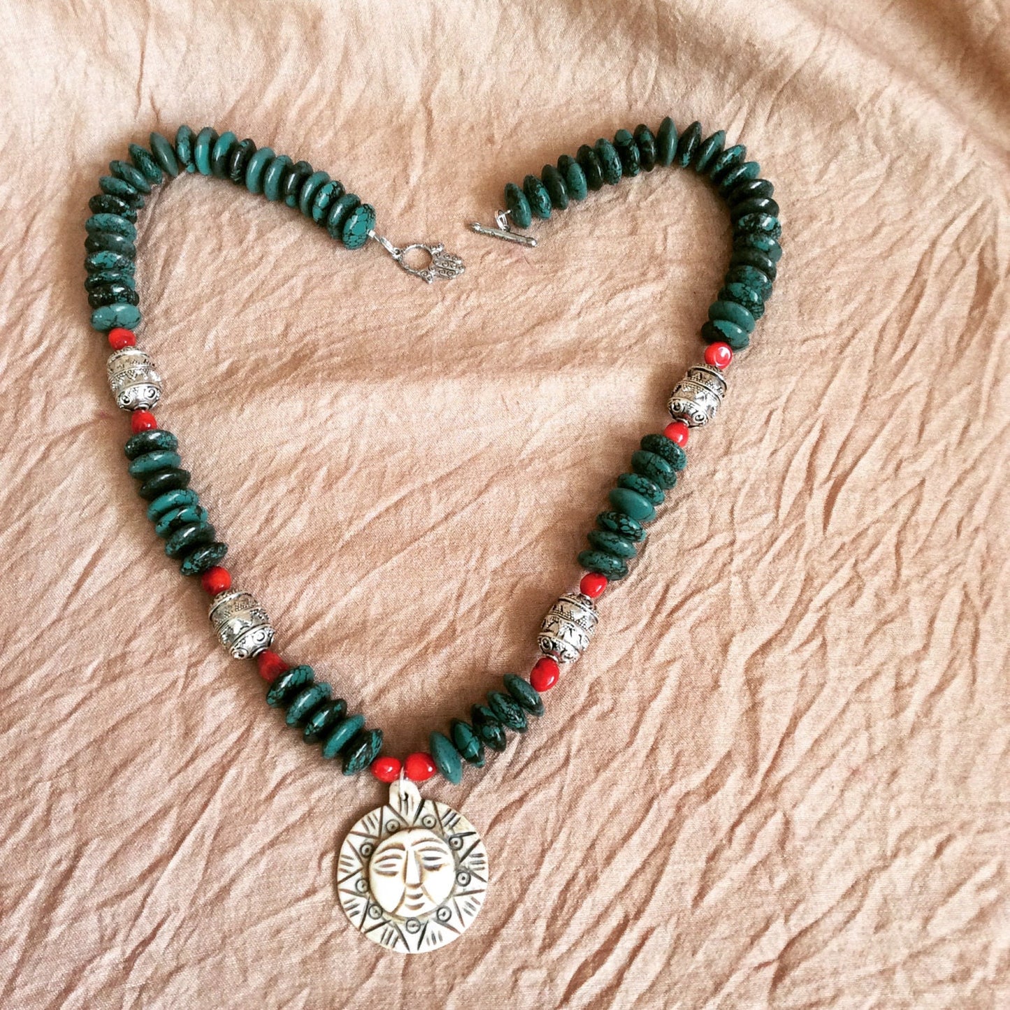 necklace “Sun Mask” Carved Bone Sun pendant, Turquoise, Red fire coral, Pewter beads, Hamsa toggle, reiki charged, Gender Neutral jewelry