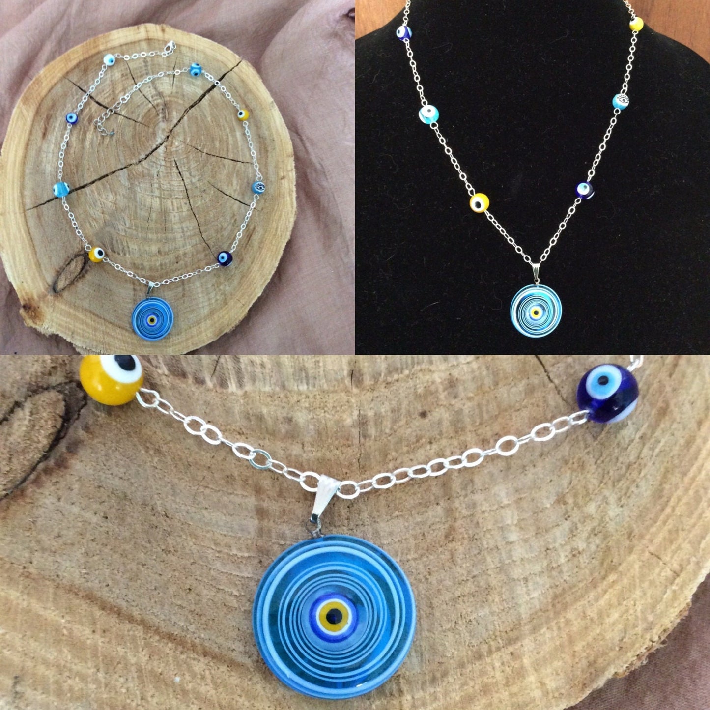 necklace "Seeing Circles" Murano glass Evil Eye pendant, Evil Eye beads, Protection charm, sterling chain, handmade links, Gender Neutral