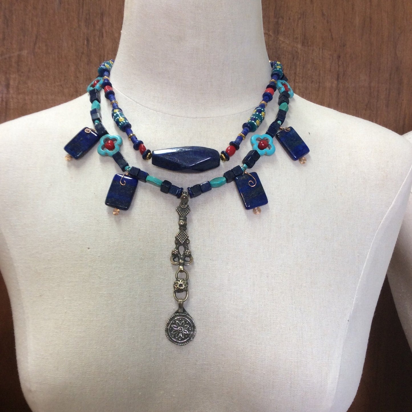 Necklace "Heavenly Jewels" Kuchi pendant, Lapis, Red Coral, Magnesite, Gift Idea, NUT, Queen of Heaven, Queen of the Night Sky