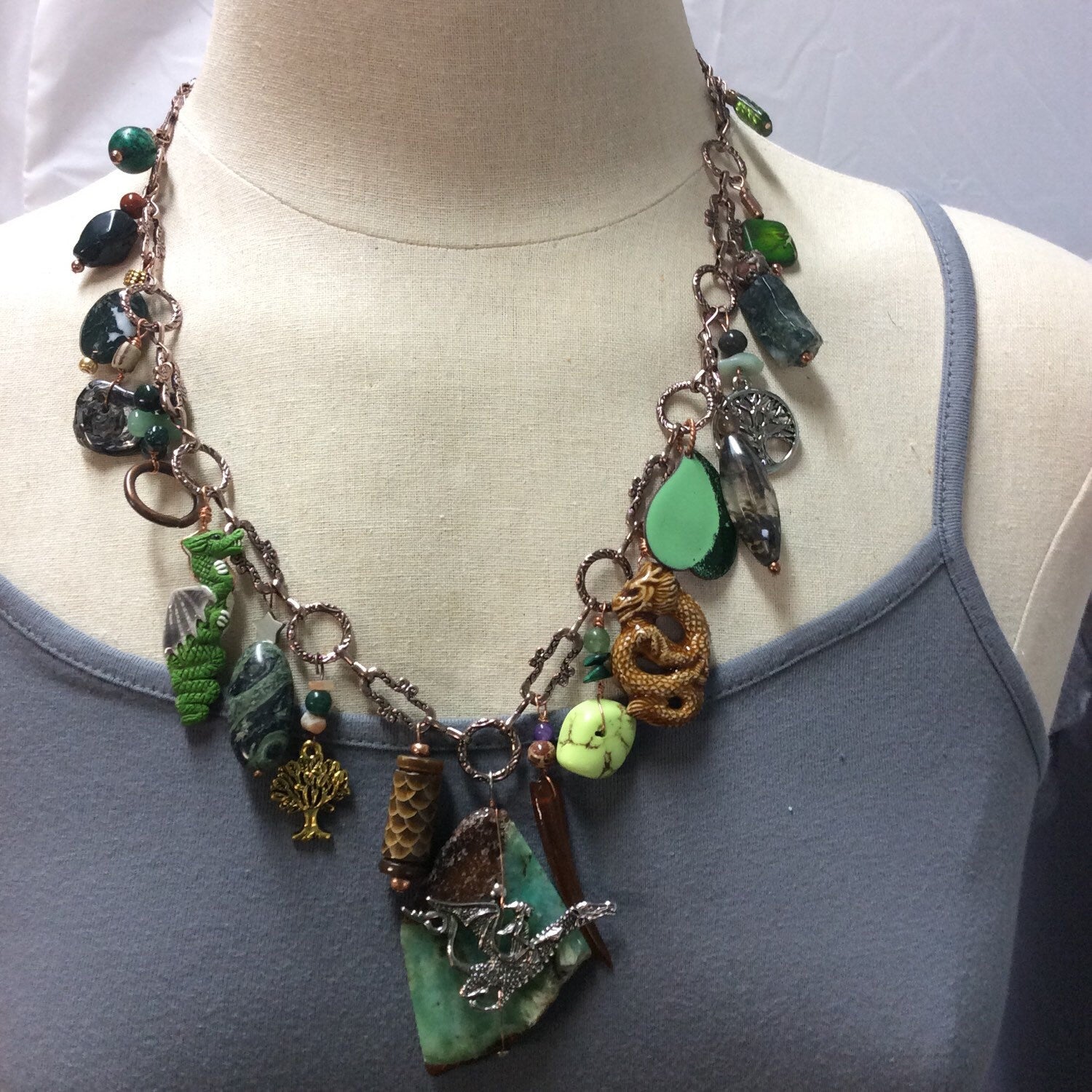 Necklace "Forest Dragon" Charm Necklace, Dragon necklace, Chrysoprase, Tree of Life, Moss agate, Up-cycled chain, Gift Idea, Gender Neutral