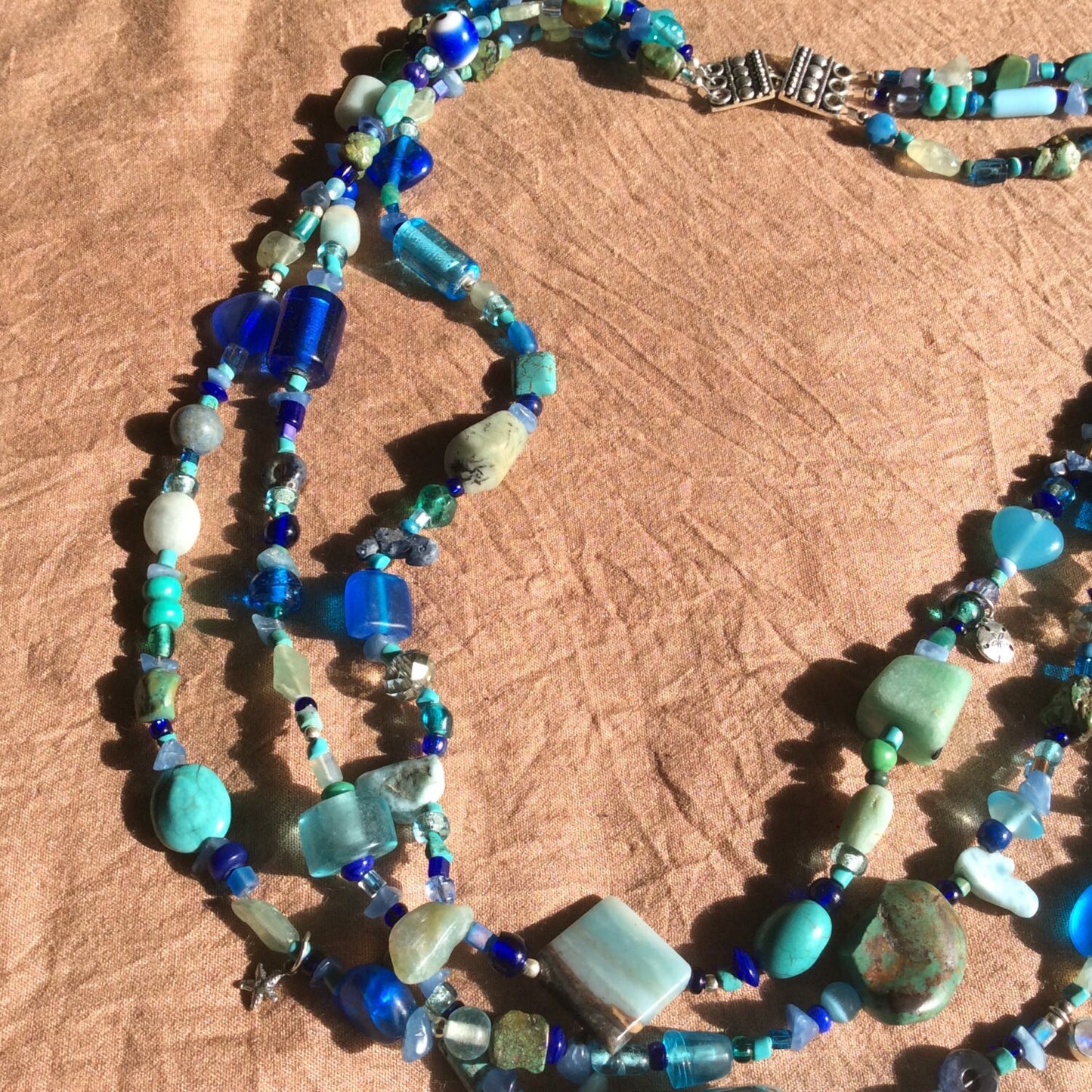 necklace "Mediterranean Moment" Turquoise, Amazonite, Larimar, Moonstone, Sterling charms, Mermaid necklace, Multi-strand necklace, Ocean