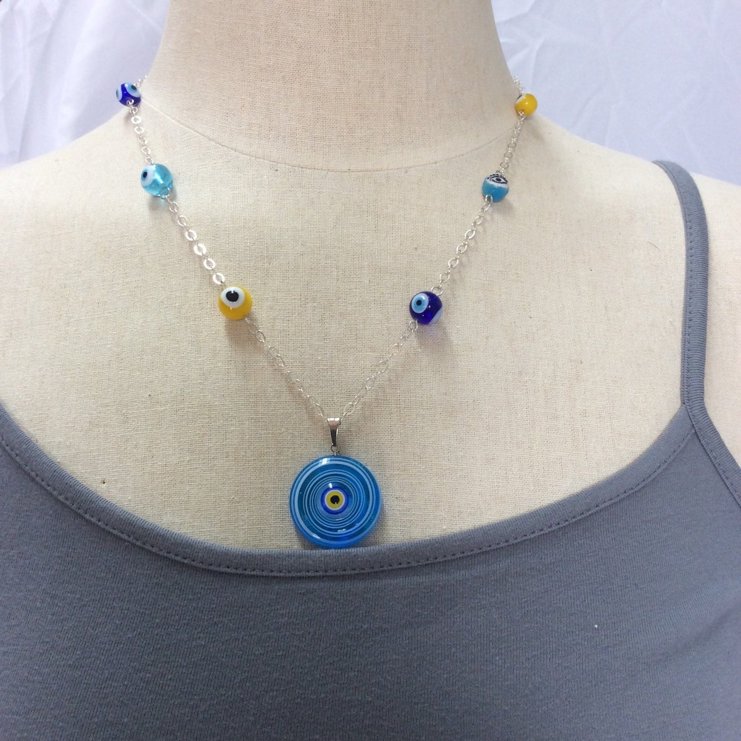 necklace "Seeing Circles" Murano glass Evil Eye pendant, Evil Eye beads, Protection charm, sterling chain, handmade links, Gender Neutral