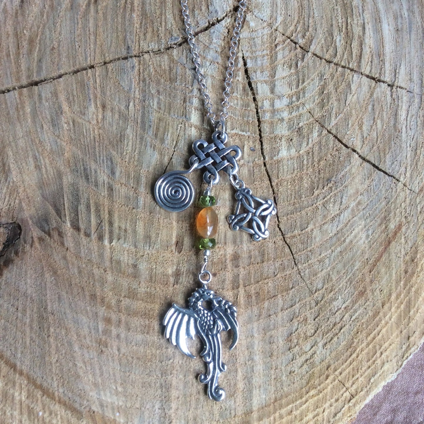 charm necklace "Celtic Dragon" sterling Dragon, Sterling Spiral charm, Sterling Celtic knots, Sterling chain, peridot, carnelian, Reiki