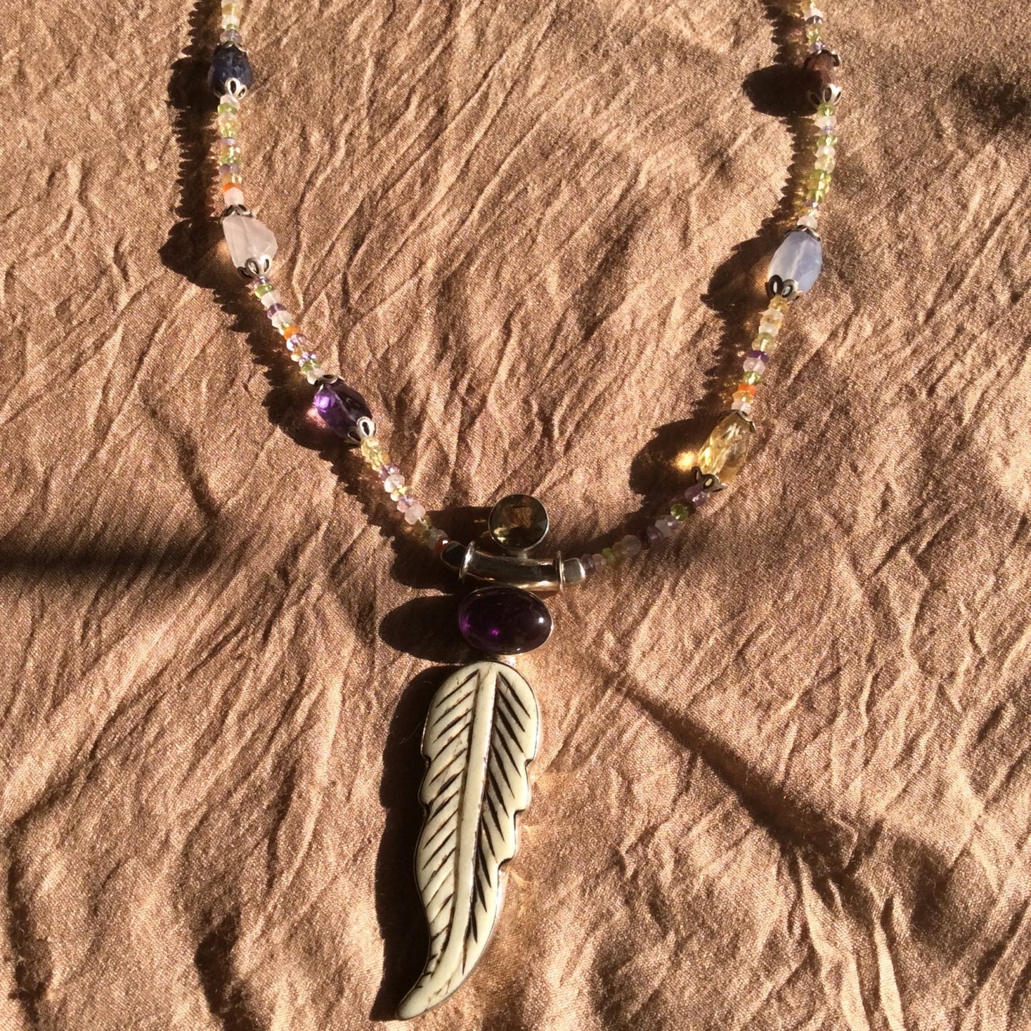 necklace "Fae Feather" carved bone Feather with Amethyst & Citrine pendant, Fairy jewelry, Semi-precious stones, Gift idea, Fae necklace