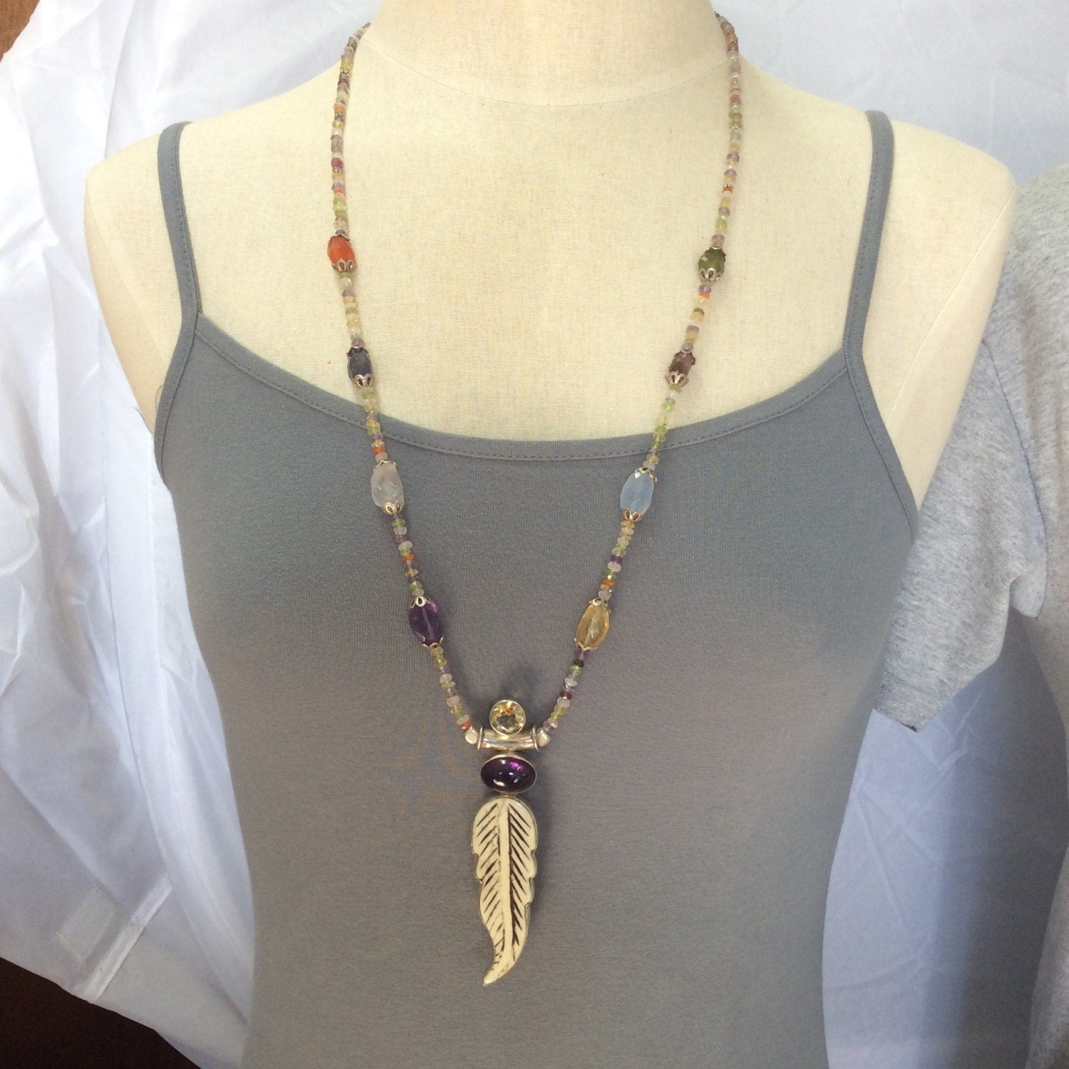 necklace "Fae Feather" carved bone Feather with Amethyst & Citrine pendant, Fairy jewelry, Semi-precious stones, Gift idea, Fae necklace
