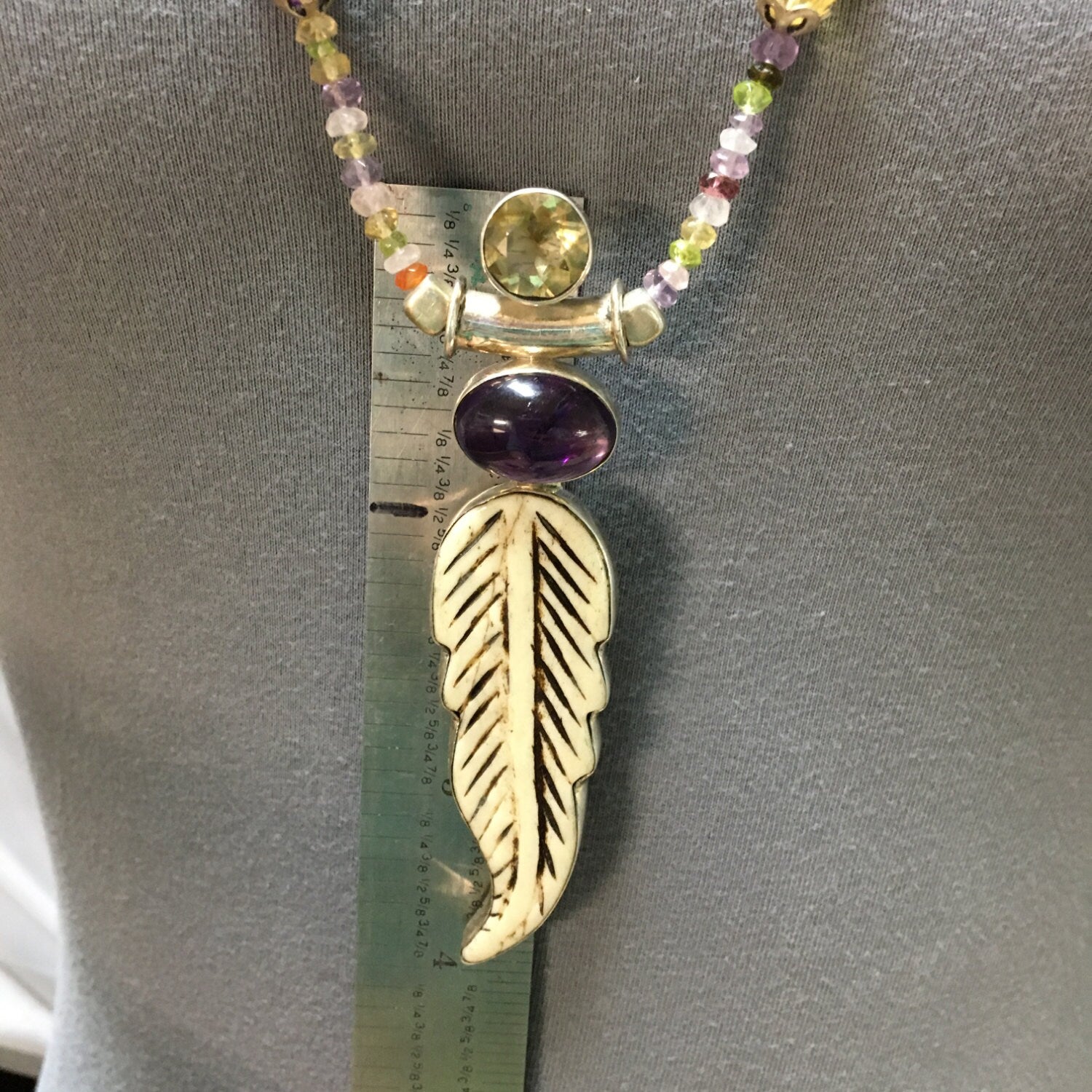 necklace "Fae Feather" carved bone Feather with Amethyst & Citrine pendant, Fairy jewelry, Semi-precious stones, Gift idea, Fae necklace