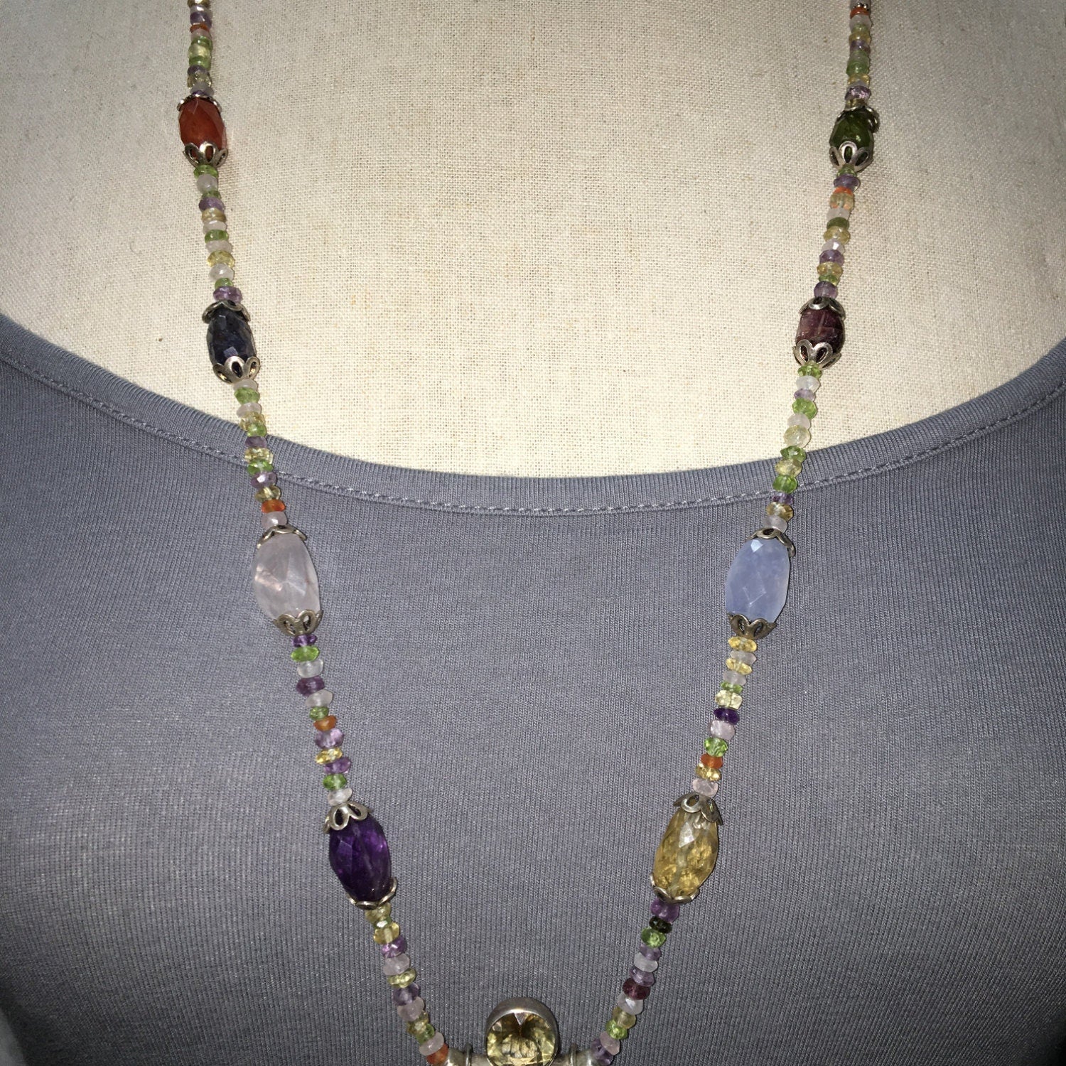 necklace "Fae Feather" carved bone Feather with Amethyst & Citrine pendant, Fairy jewelry, Semi-precious stones, Gift idea, Fae necklace