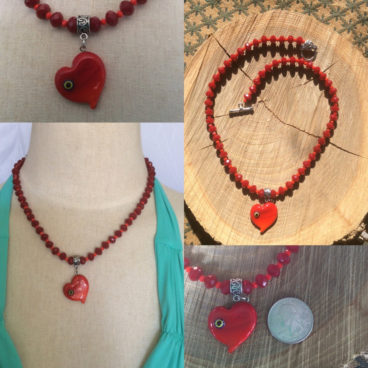necklace "Red Hots" Murano glass Heart, faceted glass beads, Valentines Day gift, Love, Protection charm, Reiki charged, Gift idea, evil eye