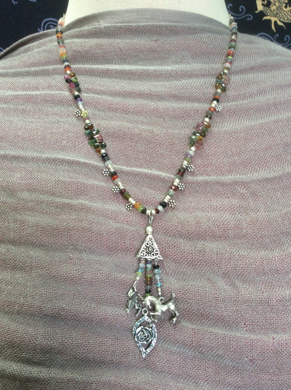 necklace "Legends" Pixies, Unicorn, Fairies, Fae, Semi Precious stones, Rose & leaf charm, sterling silver charms, Gift Idea, Fairy jewelry