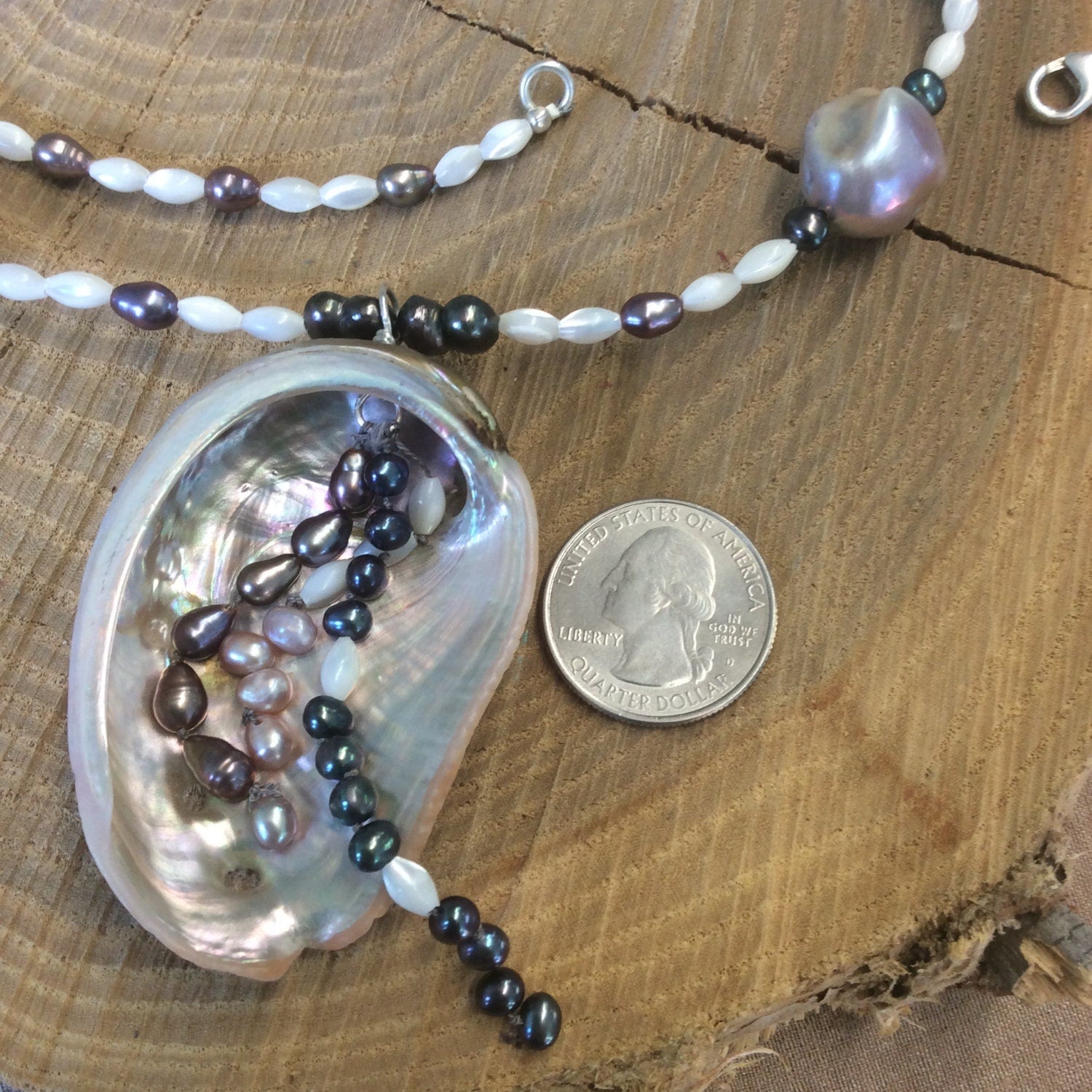 necklace "Waterfall" Abalone & Pearl pendant, Large Baroque Pearls, MOP beads, Mermaid jewelry, Ocean, pearl necklace, Reiki Yemaya Siren