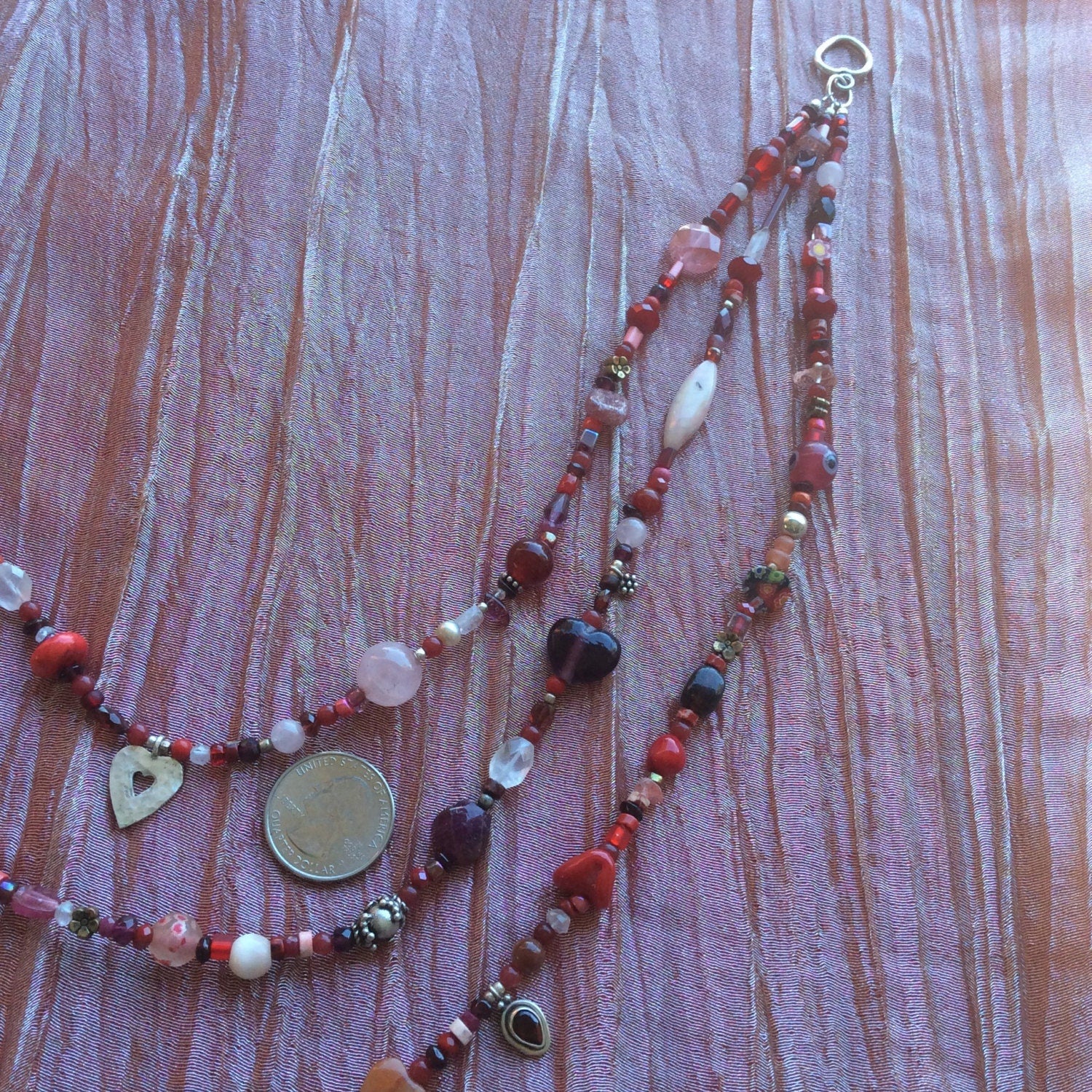 Multi-strand Heart necklace "Love Matters"  Heart pendant, Gift idea, Valentine's Day, Garnets, Rose Quartz, Pink Opal, Pink Tourmaline