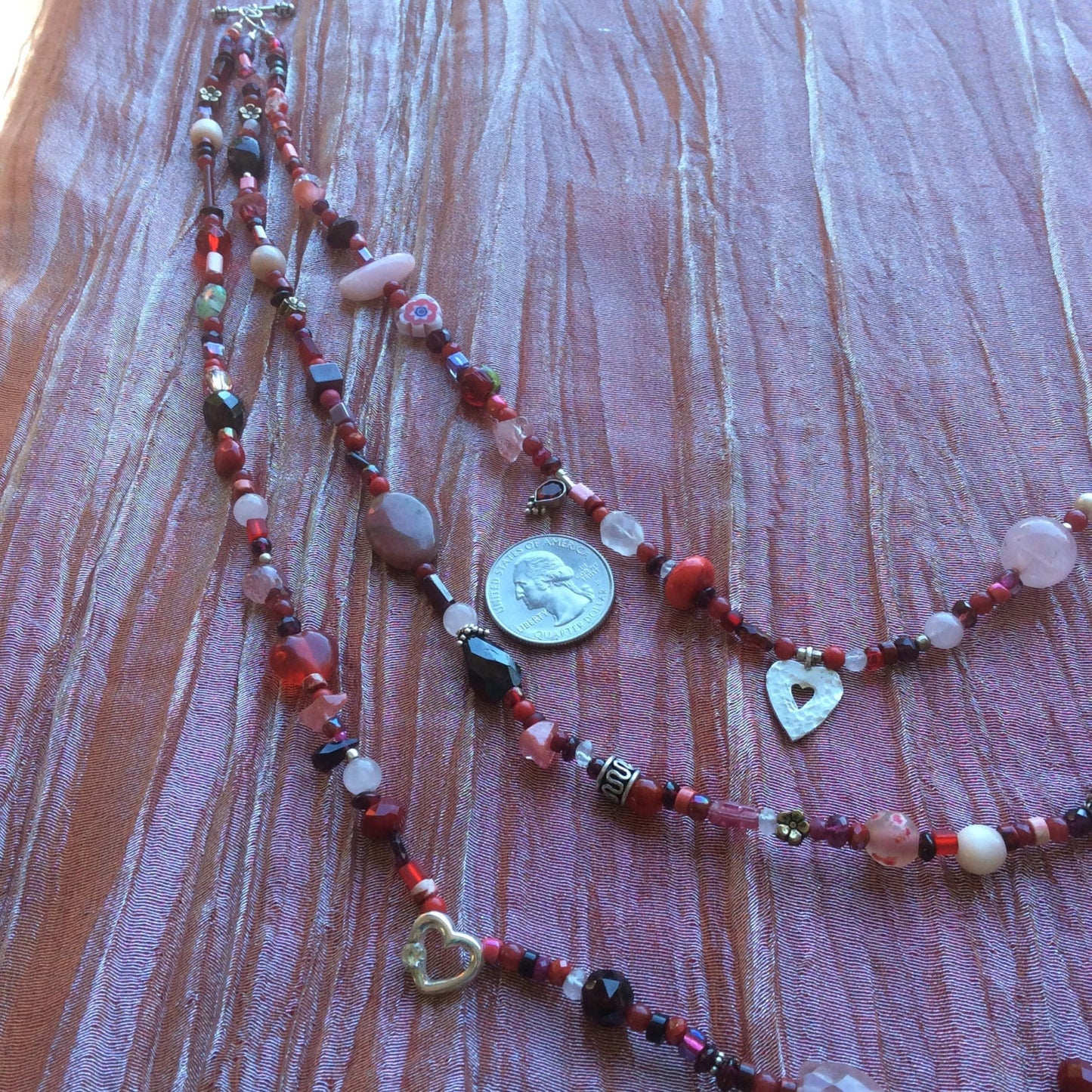 Multi-strand Heart necklace "Love Matters"  Heart pendant, Gift idea, Valentine's Day, Garnets, Rose Quartz, Pink Opal, Pink Tourmaline