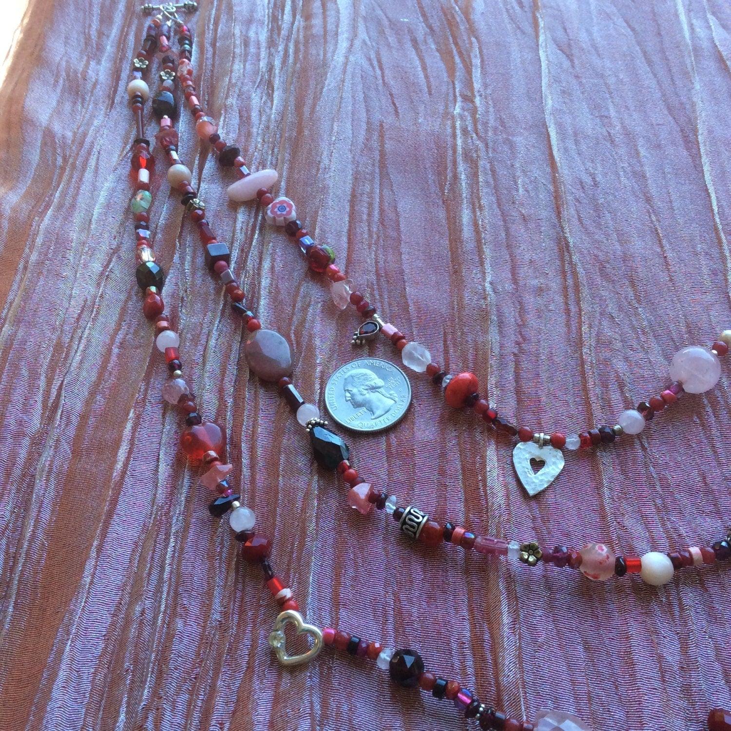 Multi-strand Heart necklace "Love Matters"  Heart pendant, Gift idea, Valentine's Day, Garnets, Rose Quartz, Pink Opal, Pink Tourmaline