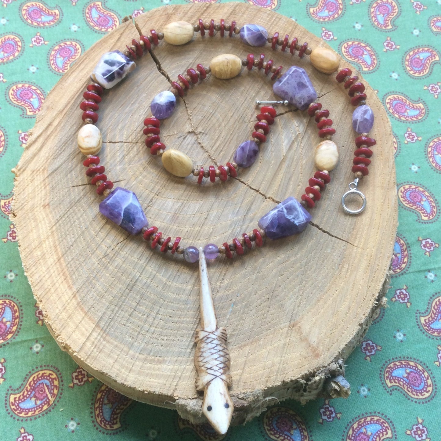 necklace "Desert Sunset" Carved Bone lizard, Chevron Amethyst, Red Coral, Jasper, Southwest jewelry, Gender Neutral necklace, Wild West