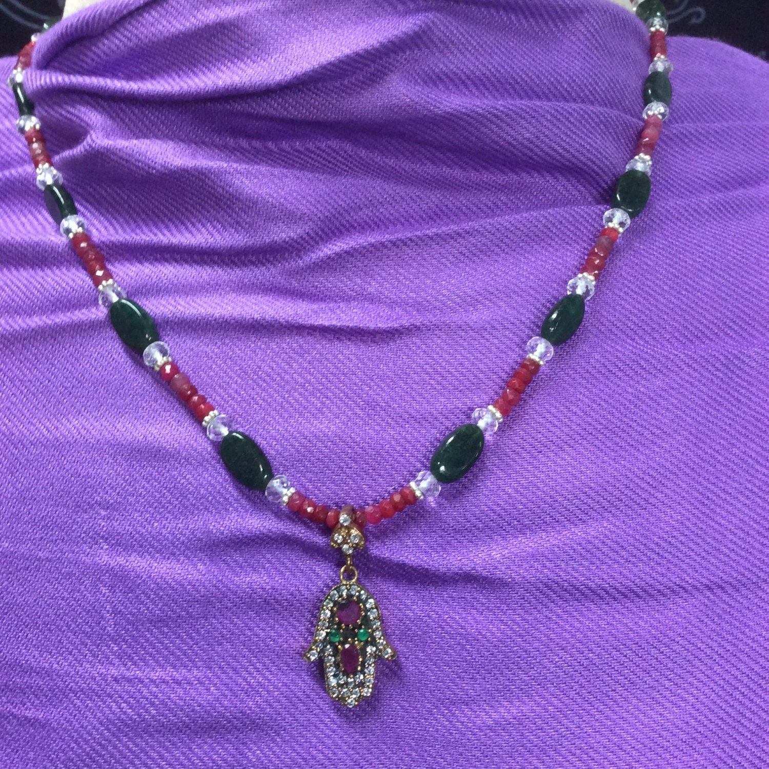 necklace "Divine Hand" Hamsa with rubies emeralds & topaz, ruby quartz, emerald, faceted quartz, Hand of God, Hand of Fatima, Gift idea