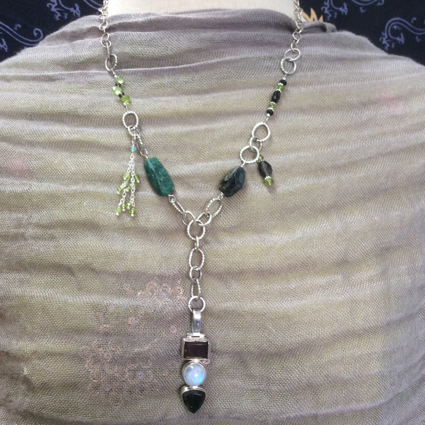 Necklace "Moonlit Forest" smokey quartz moonstone & tourmaline pendant, sterling chain, emerald, green tourmaline, peridot, Bohemian style