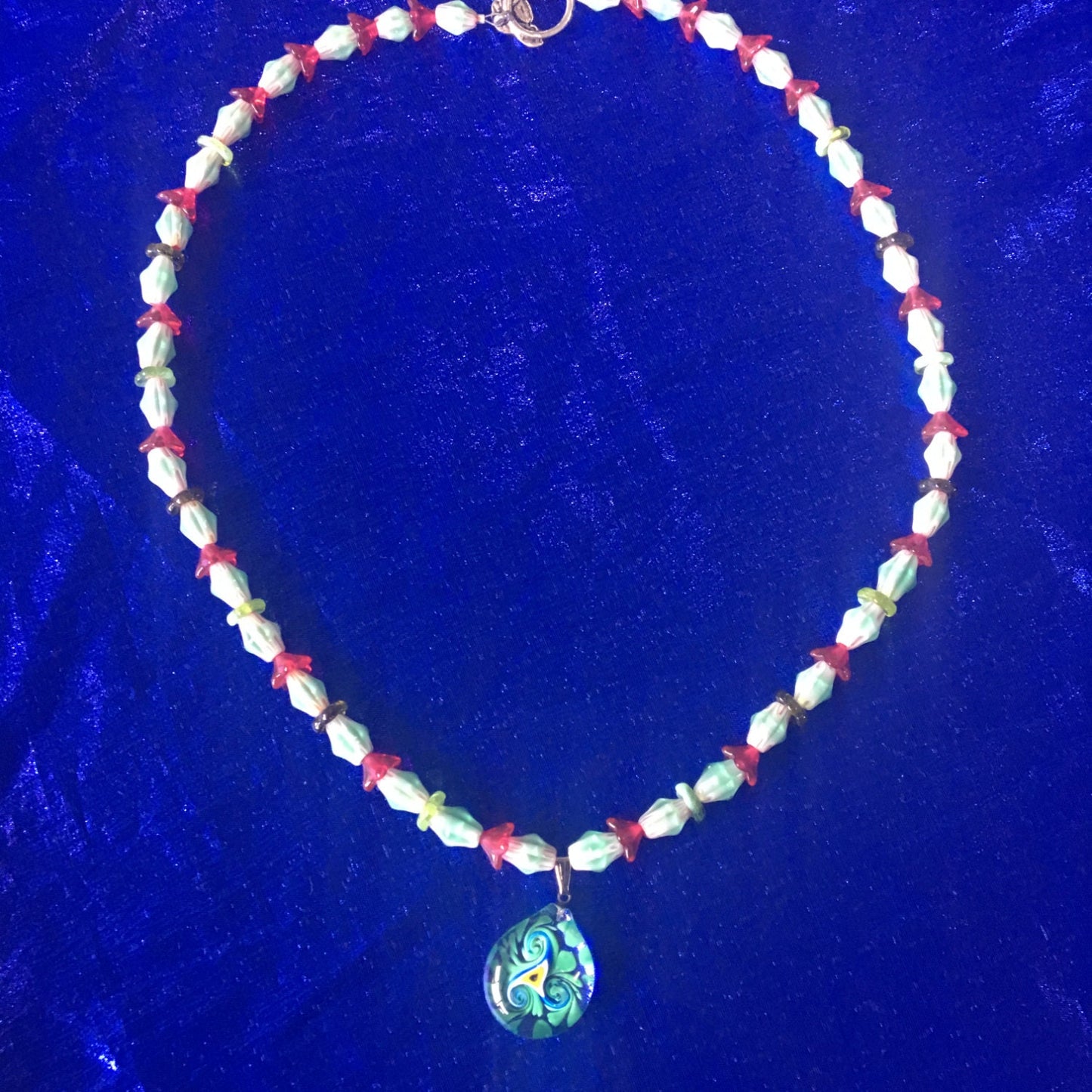 necklace "Eye of Bride" Murano glass Triskelion with Evil Eye, Goddess Bridget, Imbolc, Glass Flowers, Chevron beads, Good Luck Charm