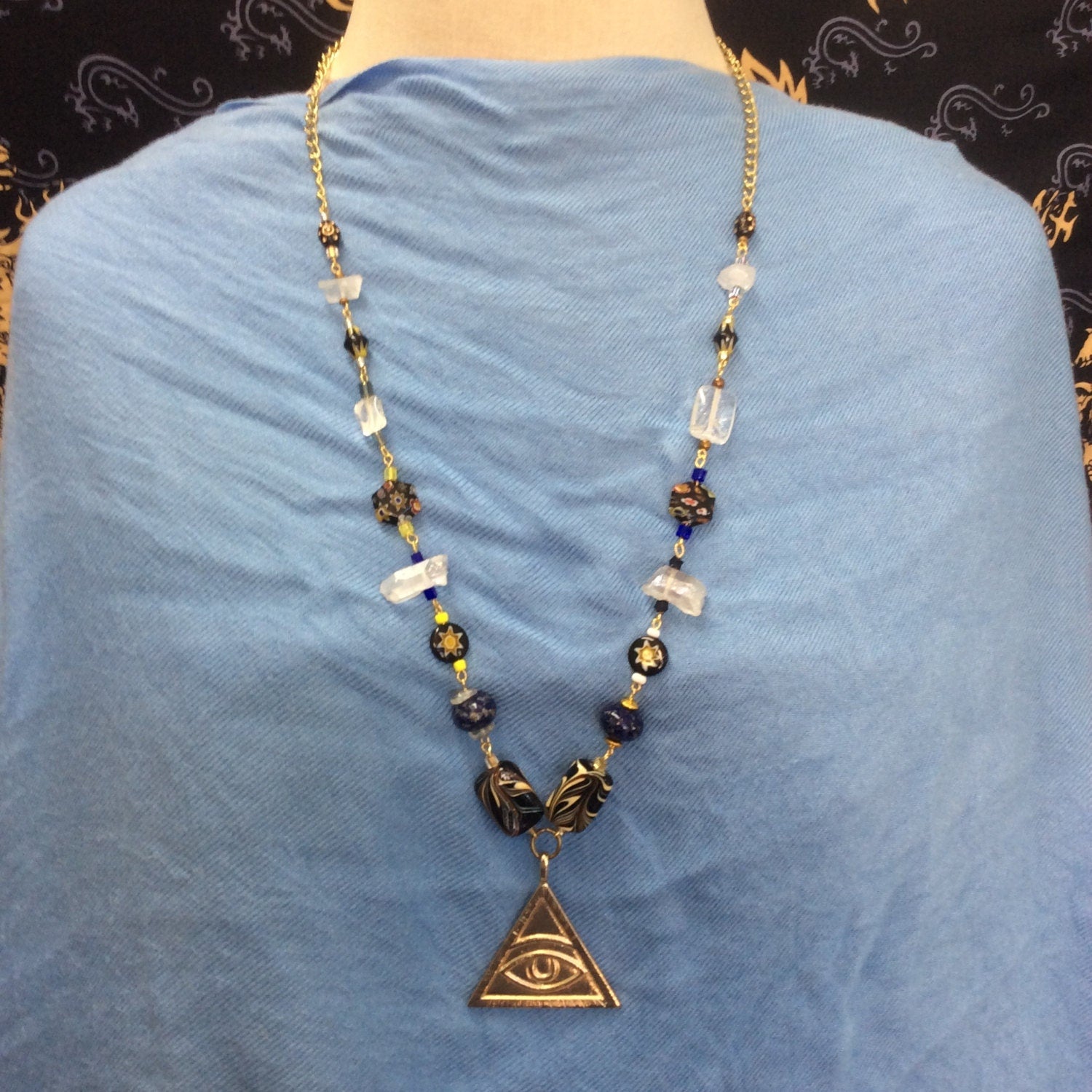 necklace "All Seeing" All Seeing Eye pendant, Lampwork beads, Lapis, Quartz, Millefiori, Gender Neutral, Handmade Links, Upcycled chain