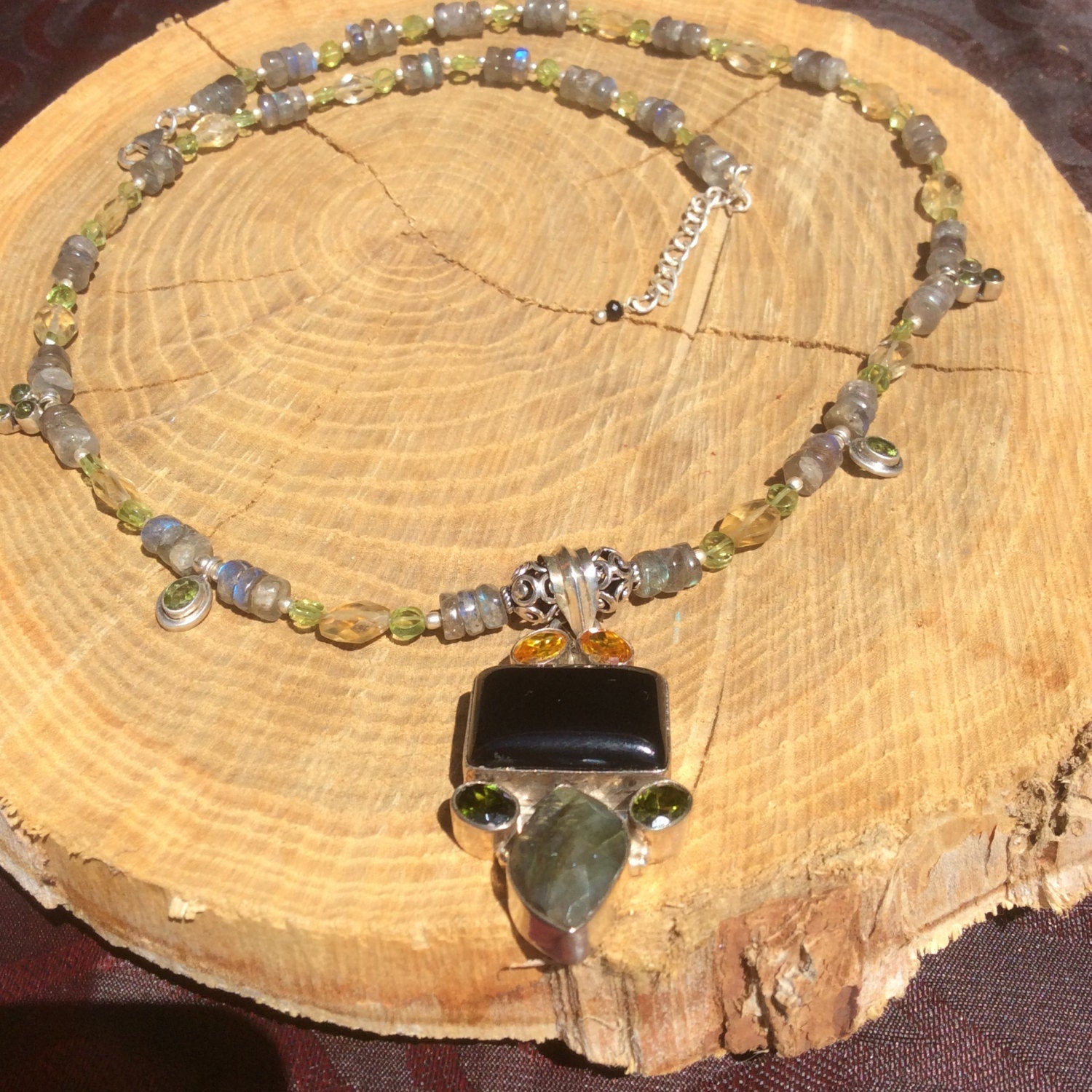 necklace "Night Forest" Onyx Labradorite Citrine & Peridot pendant, Labradorite, Peridot, Citrine, Gift Idea, Statemen necklace, Reiki vibes