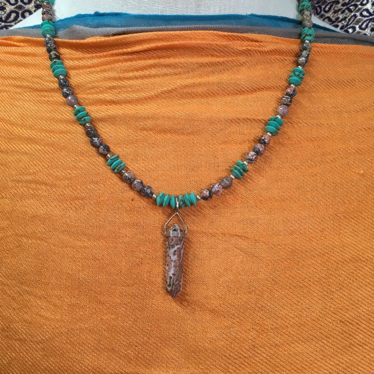 necklace "Leopard in the Sky" Leopardskin Jasper pendant & beads, Afghan Turquoise, Gender Neutral necklace, Reiki charged, Protection stone