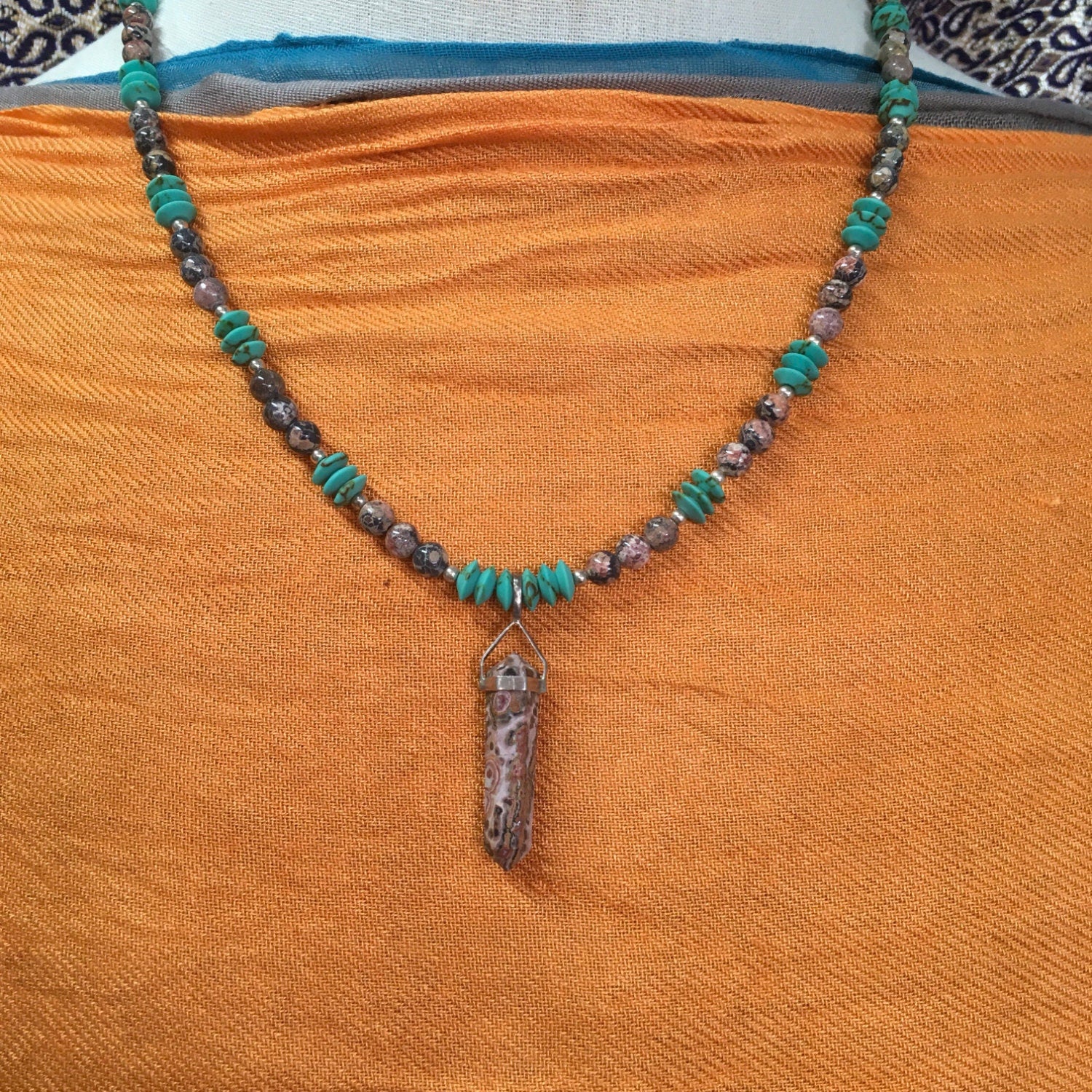 necklace "Leopard in the Sky" Leopardskin Jasper pendant & beads, Afghan Turquoise, Gender Neutral necklace, Reiki charged, Protection stone